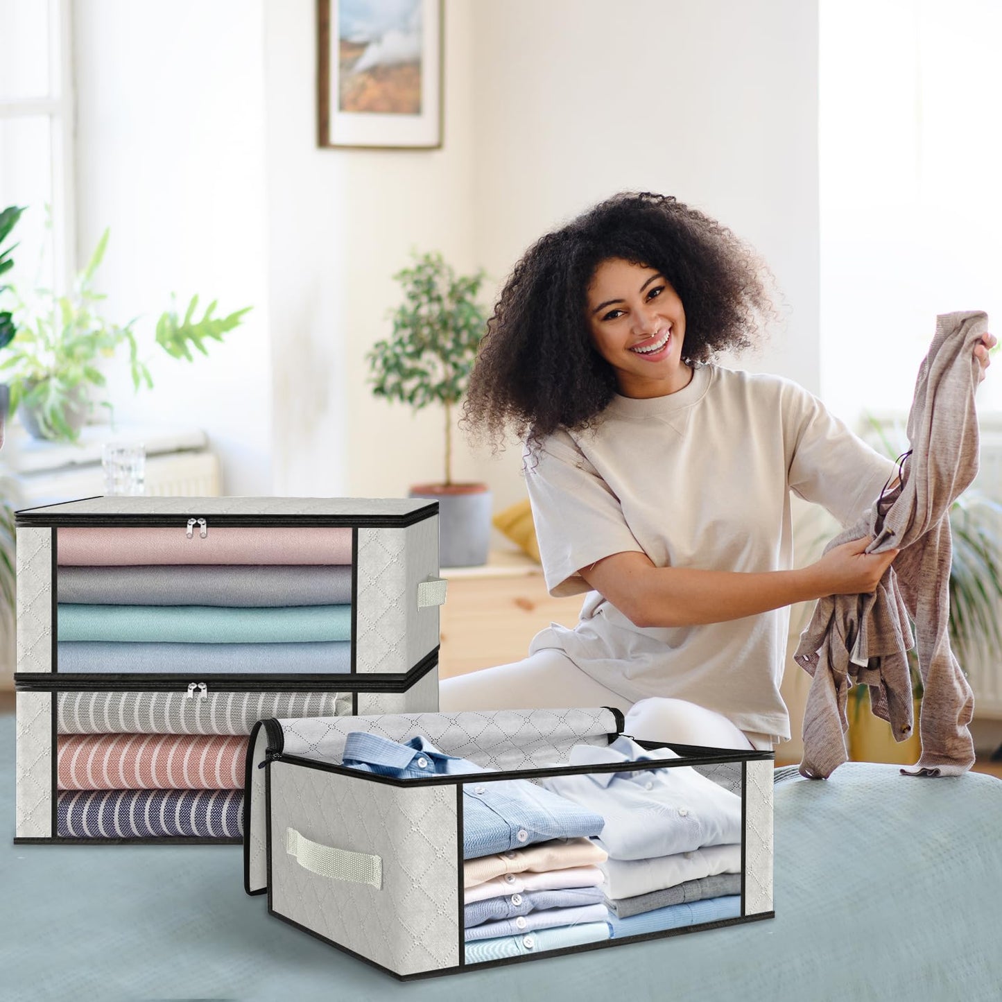 HomeHacks Storage 3-Pack Clothes Organizer Storage Bags Foldable Storage Box with Large Clear Window Sturdy Handles for Closet, Dorm, Pillows, Bedding, Clothes, Blankets, 35L, Gray