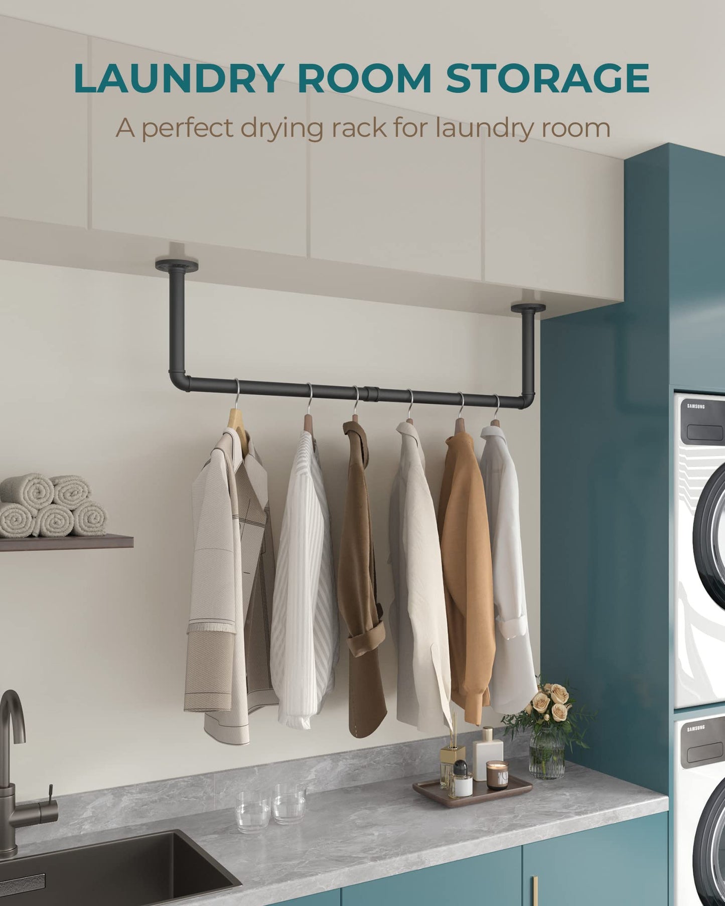 OROPY Industrial Pipe Clothes Rack Wall Mounted Set of 2, 38.4 inches Heavy Duty Iron Pipe Clothing Garment Rail, Multi-Purpose Clothing Hanging Rod for Laundry Room and Closet Storage