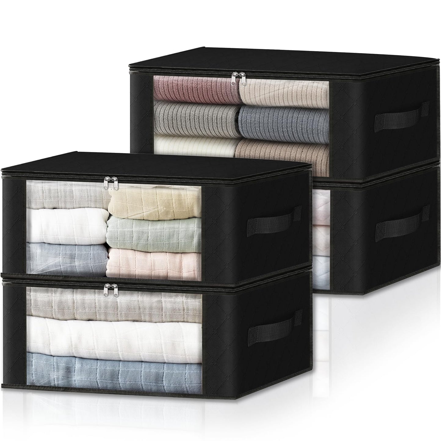 HomeHacks Storage 3-Pack Clothes Organizer Storage Bags Foldable Storage Box with Large Clear Window Sturdy Handles for Closet, Dorm, Pillows, Bedding, Clothes, Blankets, 35L, Gray