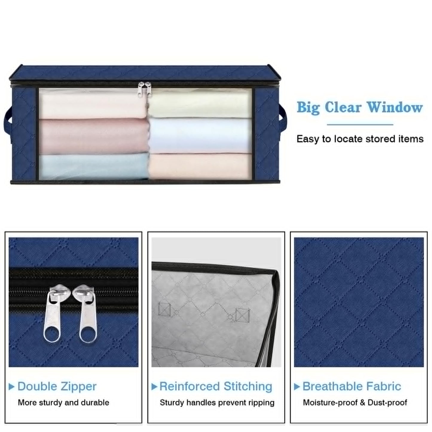 HomeHacks Storage 3-Pack Clothes Organizer Storage Bags Foldable Storage Box with Large Clear Window Sturdy Handles for Closet, Dorm, Pillows, Bedding, Clothes, Blankets, 35L, Gray