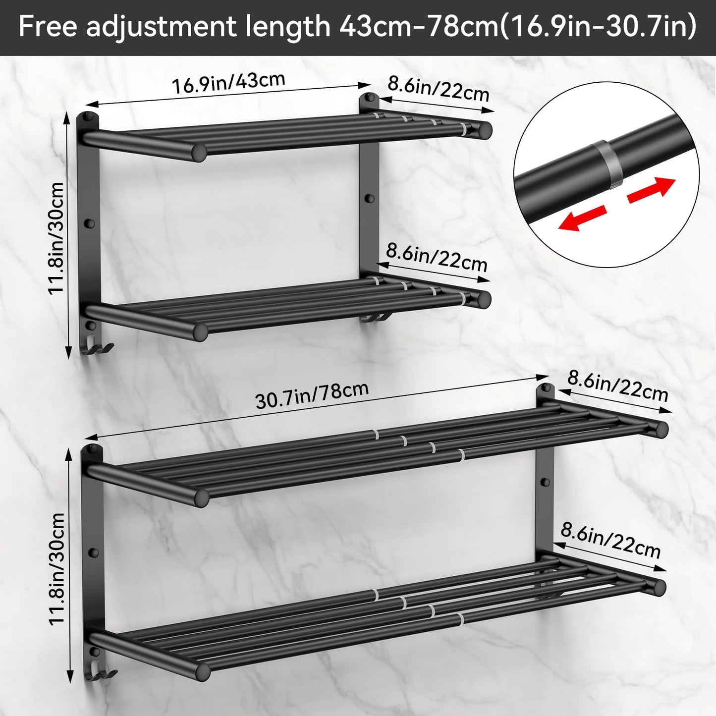 Adjustable Towel Bar for Bathroom Wall Mount17-30.7inch Adhesive Shower Towel Rack Stainless Steel Bath Towel Holders for Toilet Kitchen Double Towel Hanger (Double Towel Rack)