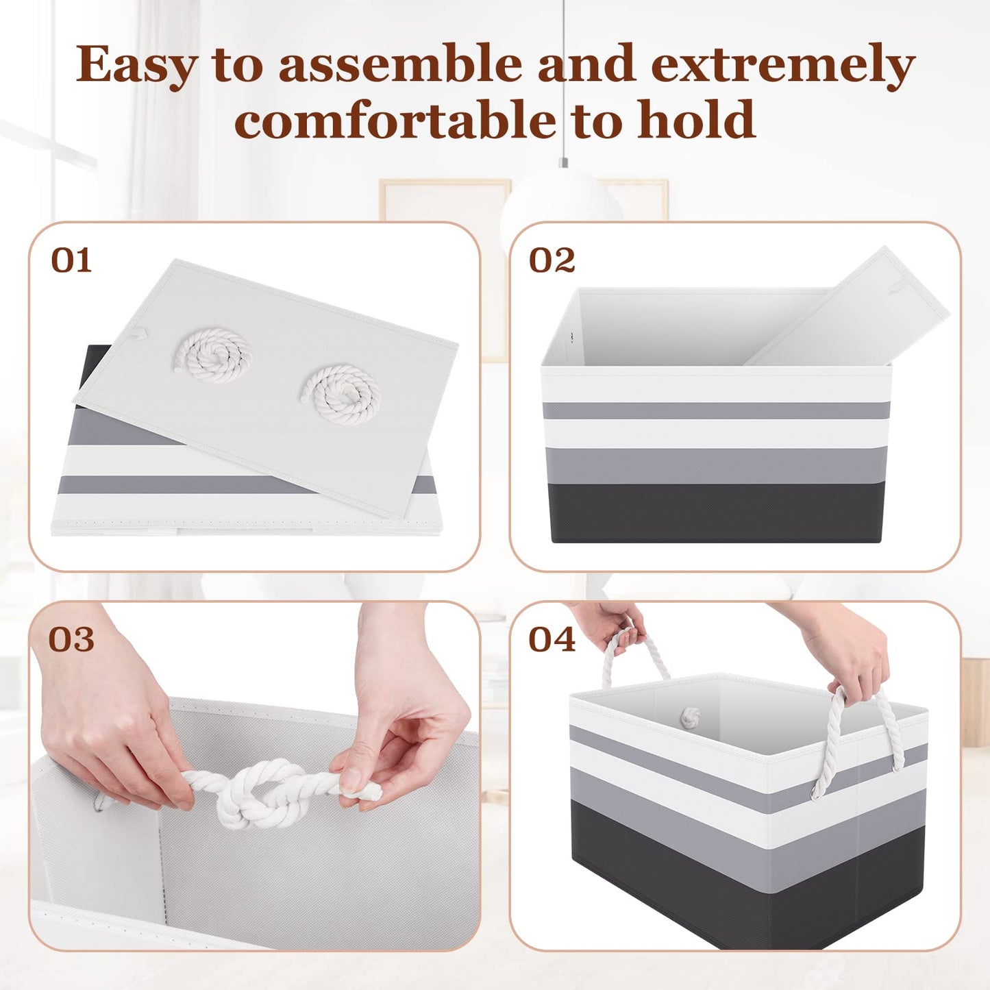 Storage Bin,Collapsible Storage Basket For Organizing,Large Storage Boxes With Rope Handles,Storage Containers,Gradient Grey,3 Pack