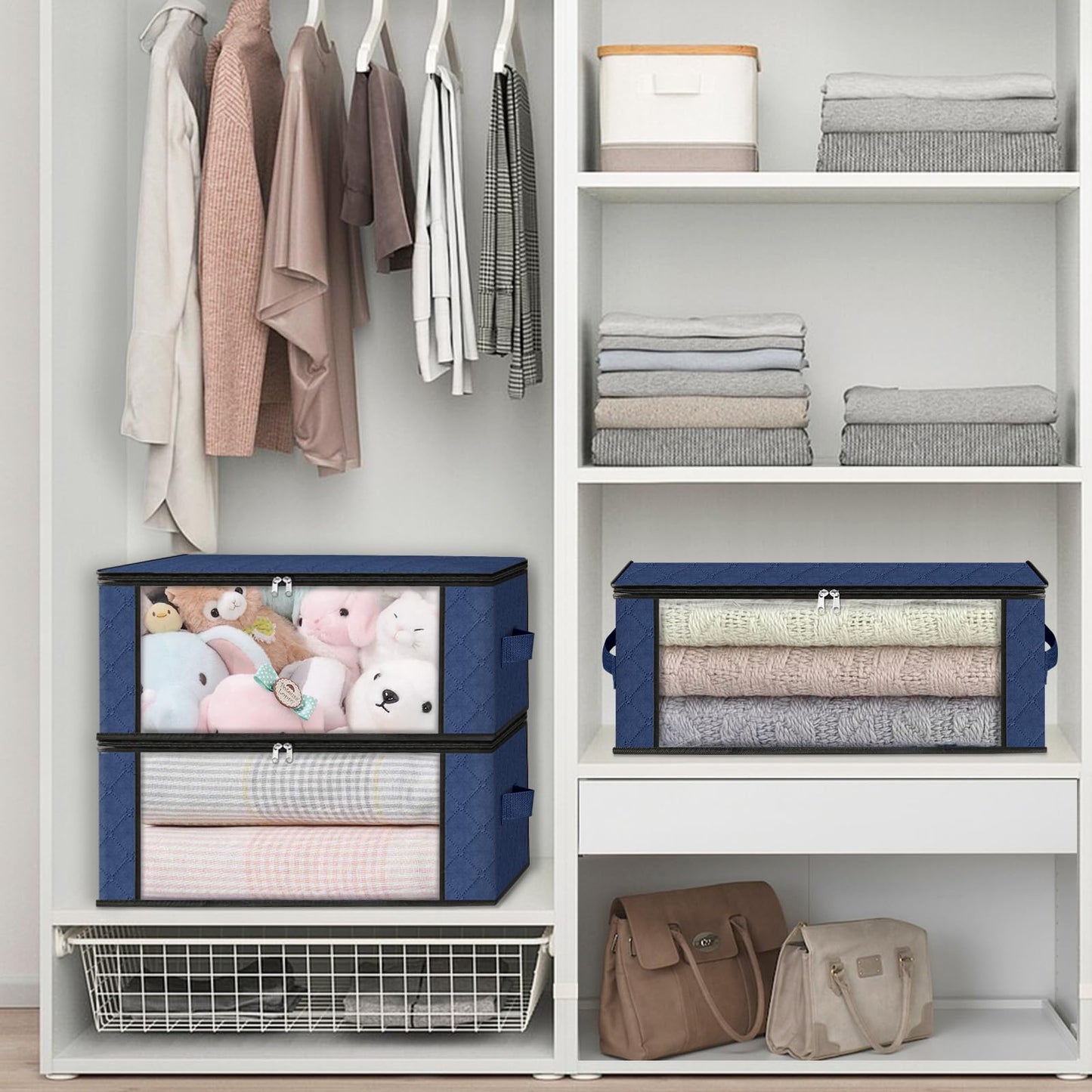 HomeHacks Storage 3-Pack Clothes Organizer Storage Bags Foldable Storage Box with Large Clear Window Sturdy Handles for Closet, Dorm, Pillows, Bedding, Clothes, Blankets, 35L, Gray