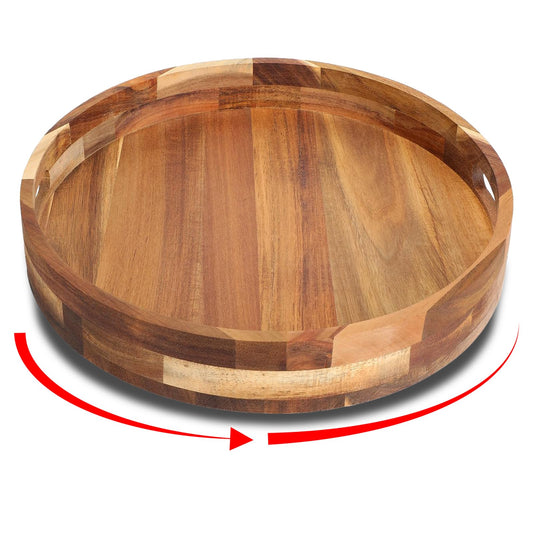 Acacia Wooden Lazy Susan for Table Top-12 Inch Wooden Lazy Susan Turntable with Double Handle-Large Acacia Wooden-Spice Organizer for Countertop, Table, Cabinet