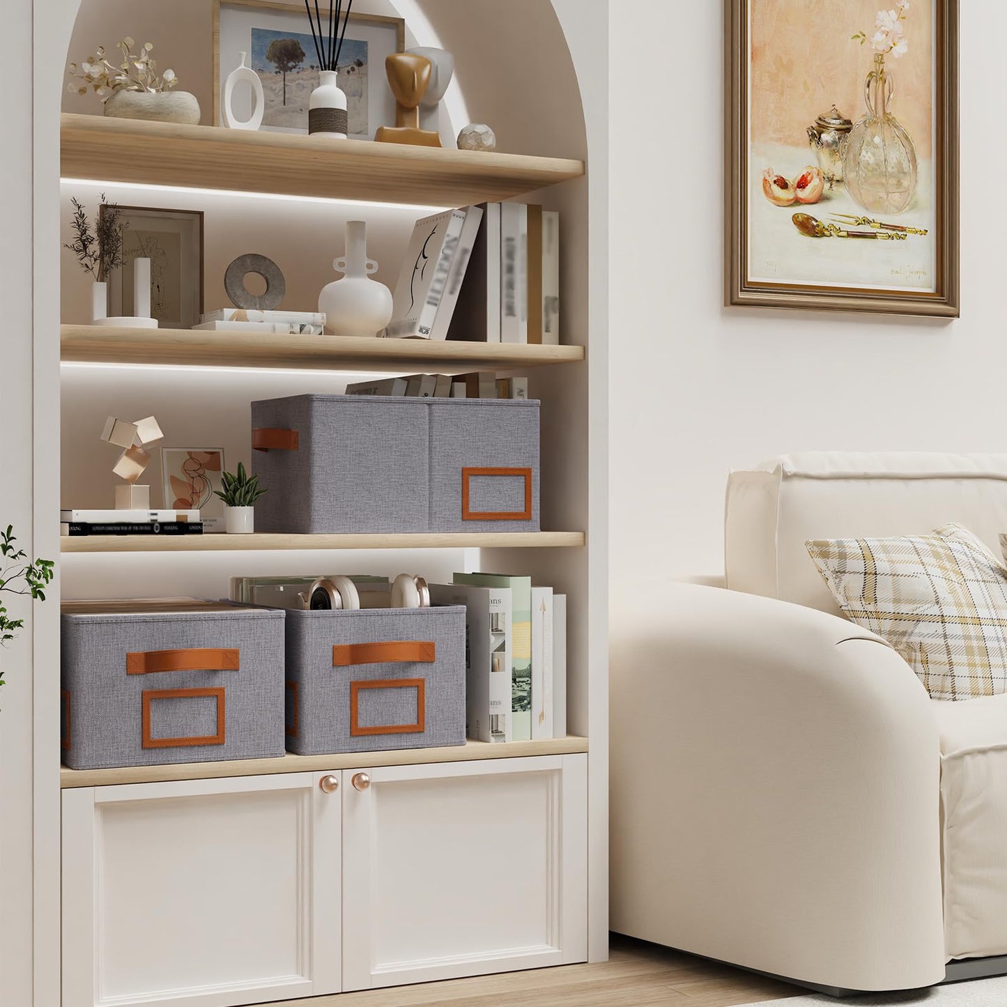 OUTBROS Foldable Storage Box for Shelves, 15 x 10.2 x 7.9 inch Fabric Baskets, Wardrobe Organiser with Handles, Suitable for Storing Clothes, Books, Cosmetics (Gray, 3-Pack)