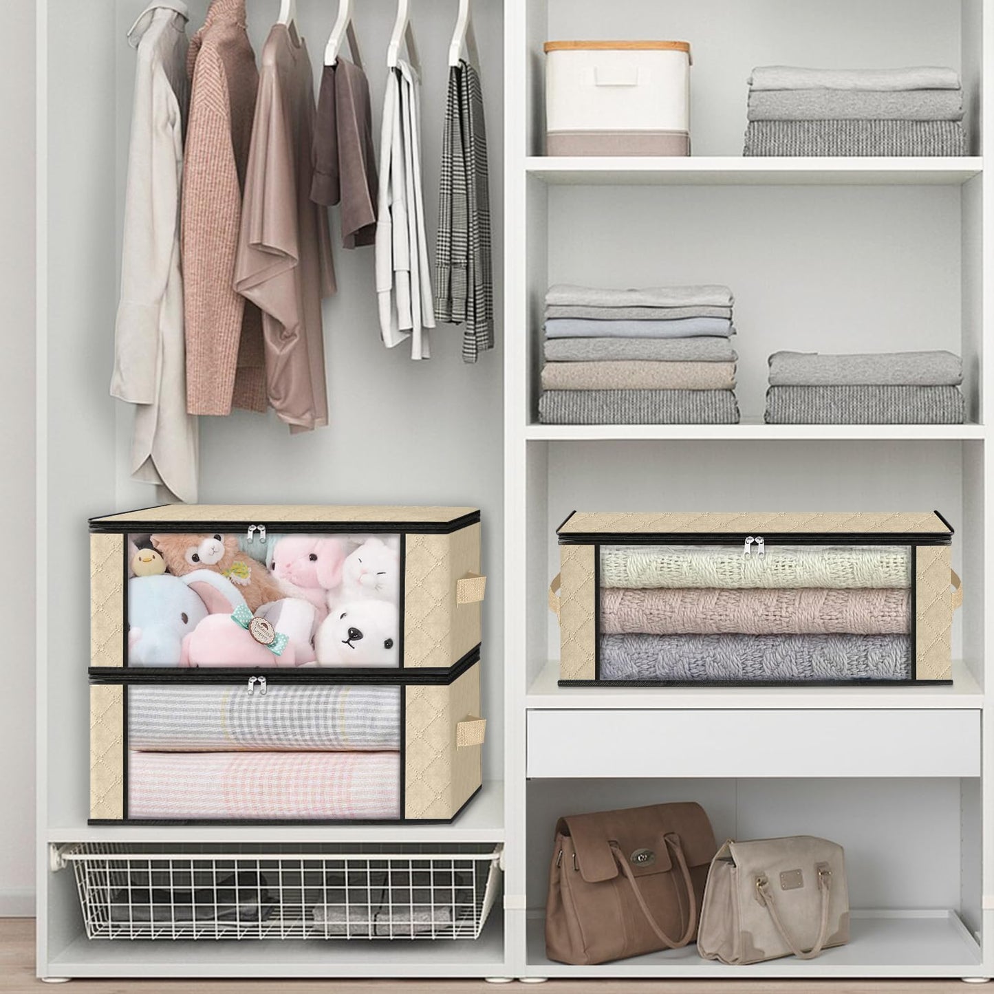 HomeHacks Storage 3-Pack Clothes Organizer Storage Bags Foldable Storage Box with Large Clear Window Sturdy Handles for Closet, Dorm, Pillows, Bedding, Clothes, Blankets, 35L, Gray