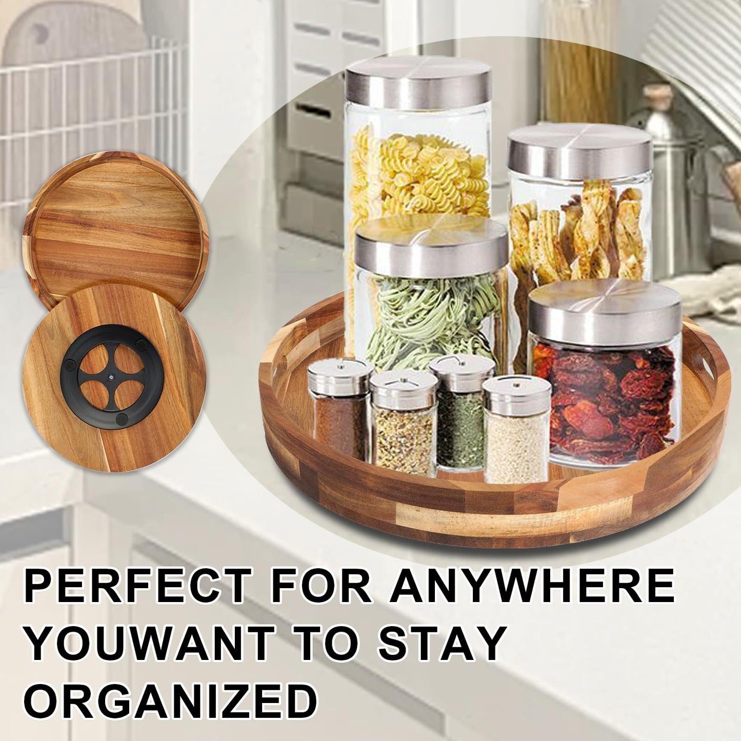 Acacia Wooden Lazy Susan for Table Top-12 Inch Wooden Lazy Susan Turntable with Double Handle-Large Acacia Wooden-Spice Organizer for Countertop, Table, Cabinet