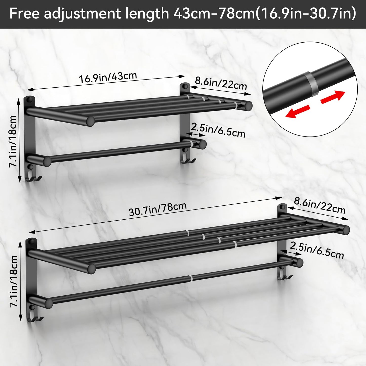 Adjustable Towel Bar for Bathroom Wall Mount17-30.7inch Adhesive Shower Towel Rack Stainless Steel Bath Towel Holders for Toilet Kitchen Double Towel Hanger (Double Towel Rack)