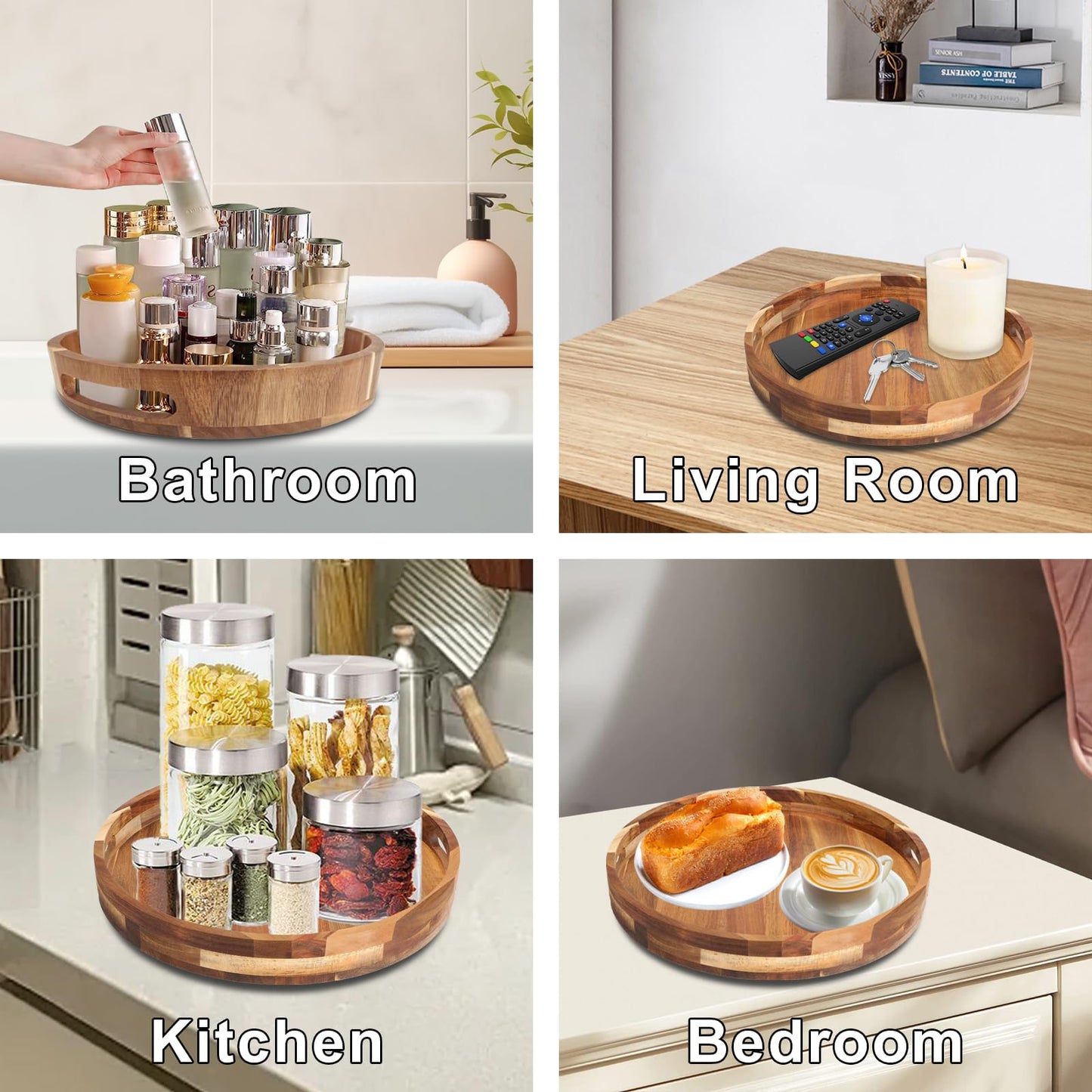 Acacia Wooden Lazy Susan for Table Top-12 Inch Wooden Lazy Susan Turntable with Double Handle-Large Acacia Wooden-Spice Organizer for Countertop, Table, Cabinet