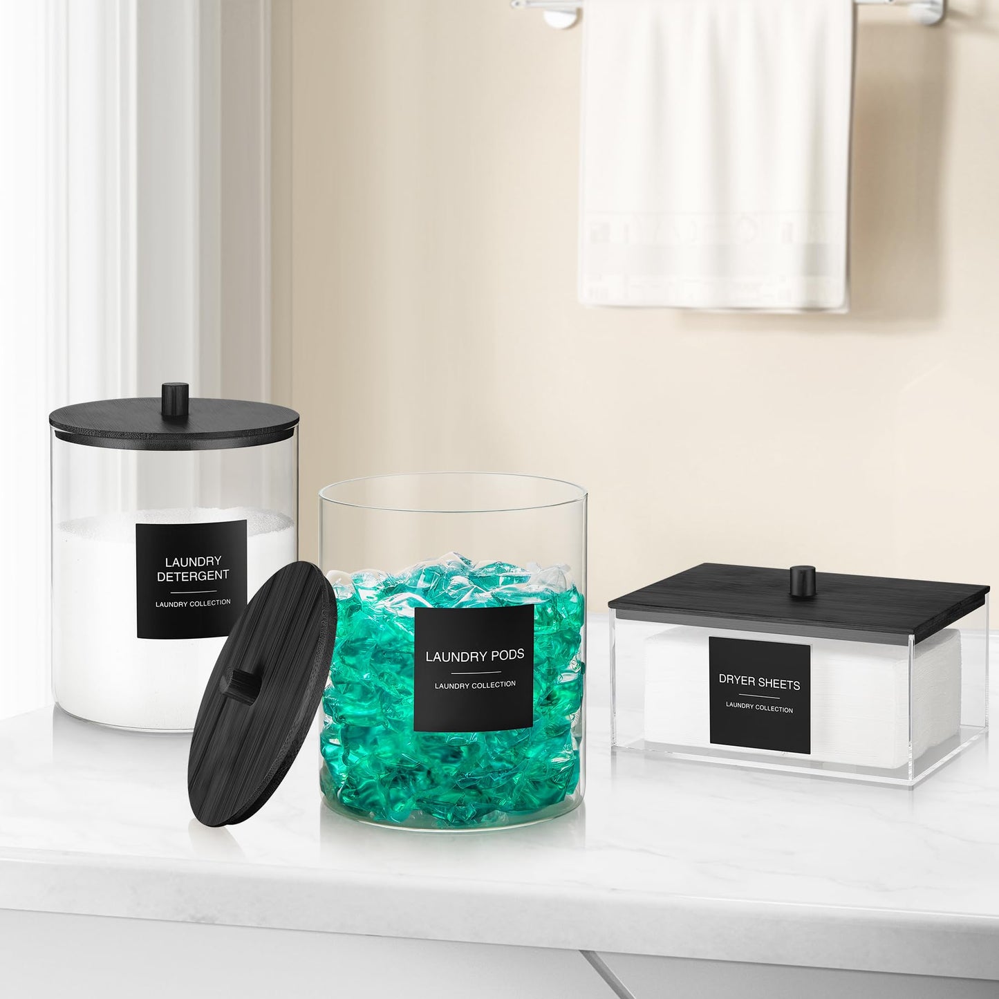 Glass Jars and Acrylic Dryer Sheet Holder, Laundry Pods Container with Bamboo Lid and 27 Labels, Powder Detergent Containers for Laundry Room Organization, Storage Jars Set (3 Pack)
