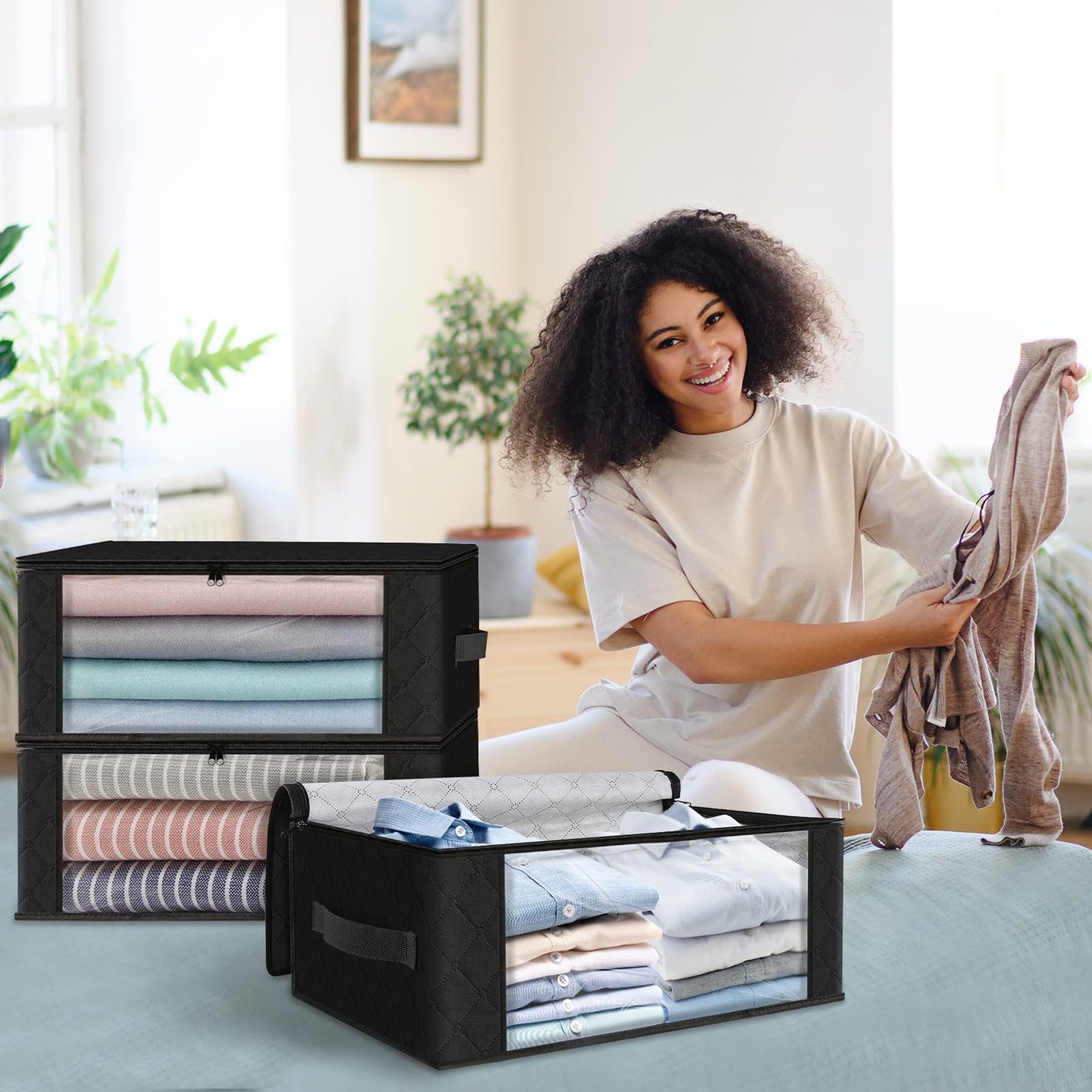 HomeHacks Storage 3-Pack Clothes Organizer Storage Bags Foldable Storage Box with Large Clear Window Sturdy Handles for Closet, Dorm, Pillows, Bedding, Clothes, Blankets, 35L, Gray