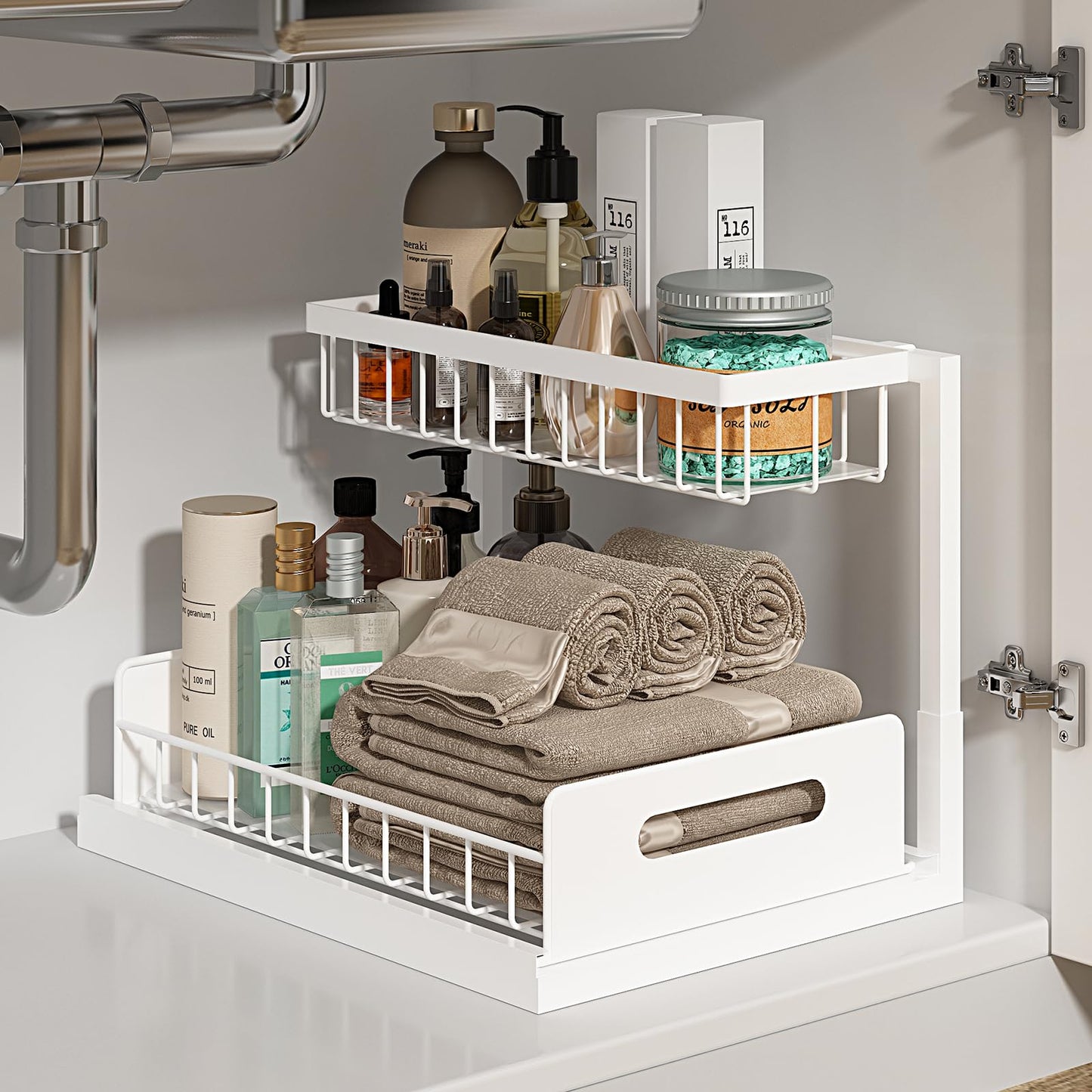 REALINN Under Sink Organizer, Pull Out Cabinet Organizer Slide Out Sink Shelf Cabinet Storage Shelves, Storages for Kitchen Bathroom, Black, 2 Pack