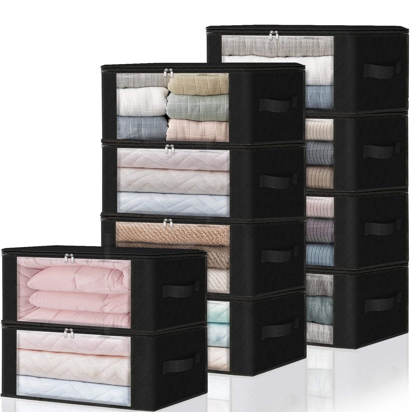 HomeHacks Storage 3-Pack Clothes Organizer Storage Bags Foldable Storage Box with Large Clear Window Sturdy Handles for Closet, Dorm, Pillows, Bedding, Clothes, Blankets, 35L, Gray