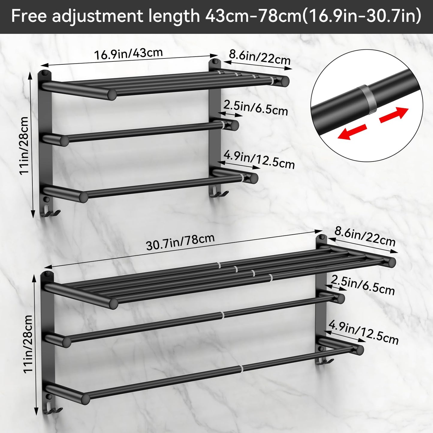 Adjustable Towel Bar for Bathroom Wall Mount17-30.7inch Adhesive Shower Towel Rack Stainless Steel Bath Towel Holders for Toilet Kitchen Double Towel Hanger (Double Towel Rack)