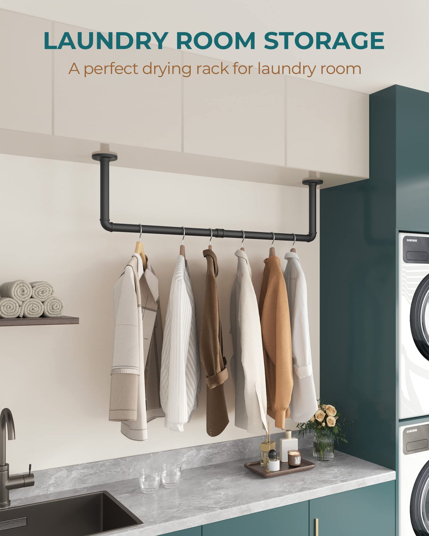 OROPY Industrial Pipe Clothes Rack Wall Mounted Set of 2, 38.4 inches Heavy Duty Iron Pipe Clothing Garment Rail, Multi-Purpose Clothing Hanging Rod for Laundry Room and Closet Storage