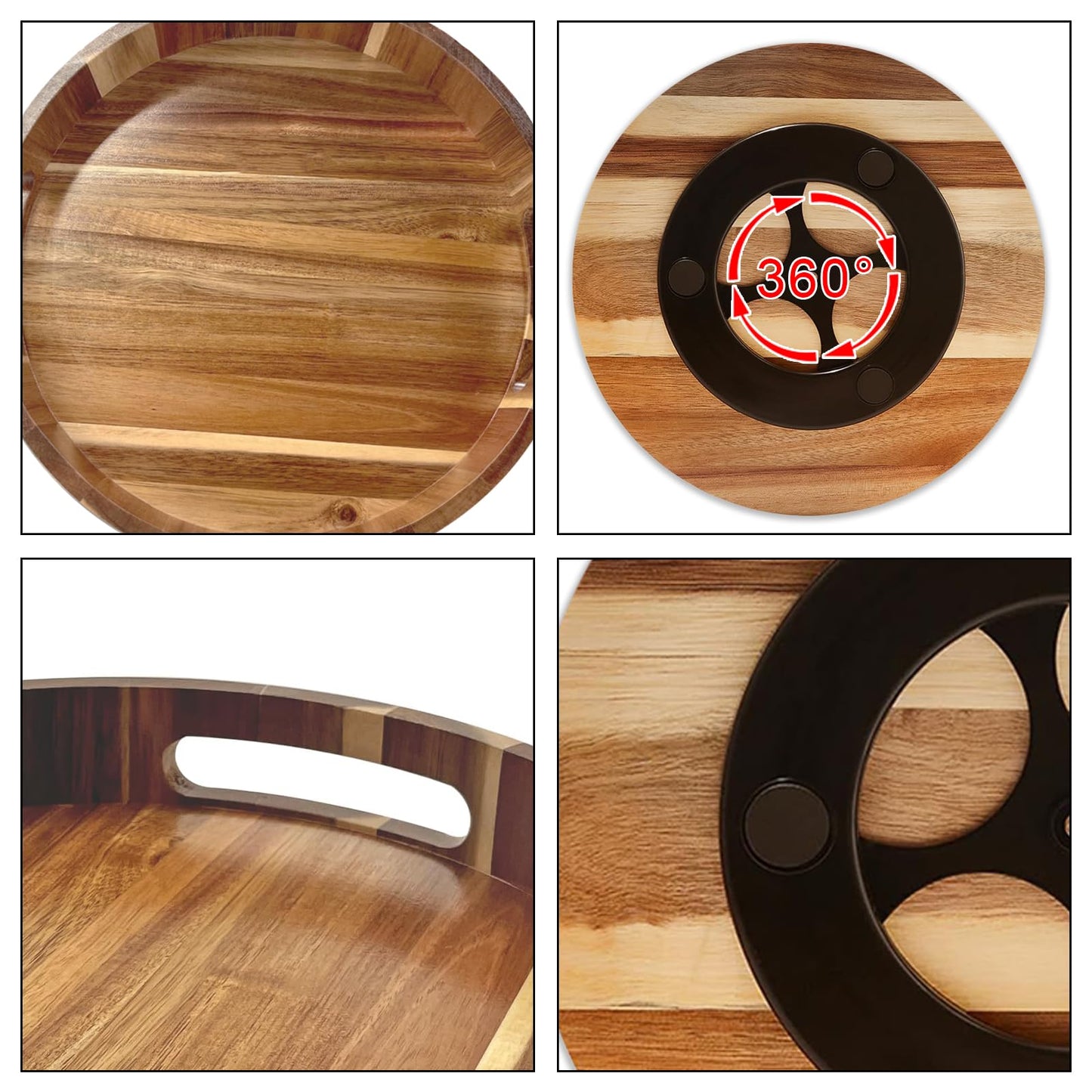 Acacia Wooden Lazy Susan for Table Top-12 Inch Wooden Lazy Susan Turntable with Double Handle-Large Acacia Wooden-Spice Organizer for Countertop, Table, Cabinet