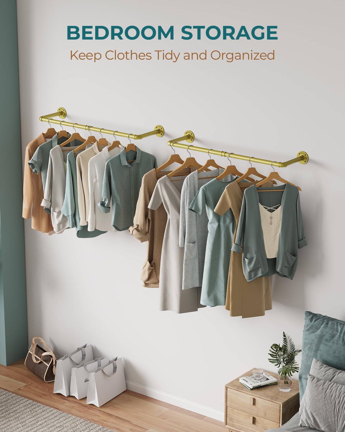 OROPY Industrial Pipe Clothes Rack Wall Mounted Set of 2, 38.4 inches Heavy Duty Iron Pipe Clothing Garment Rail, Multi-Purpose Clothing Hanging Rod for Laundry Room and Closet Storage