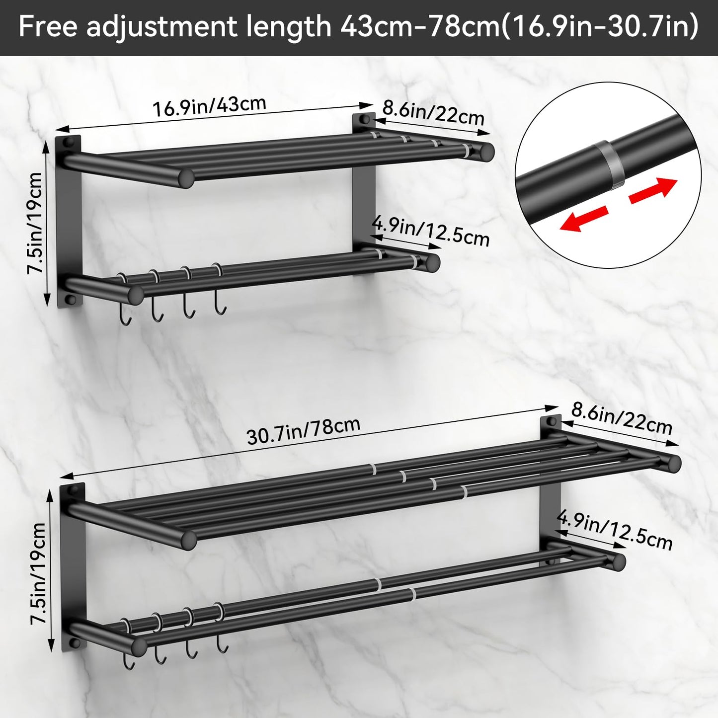 Adjustable Towel Bar for Bathroom Wall Mount17-30.7inch Adhesive Shower Towel Rack Stainless Steel Bath Towel Holders for Toilet Kitchen Double Towel Hanger (Double Towel Rack)