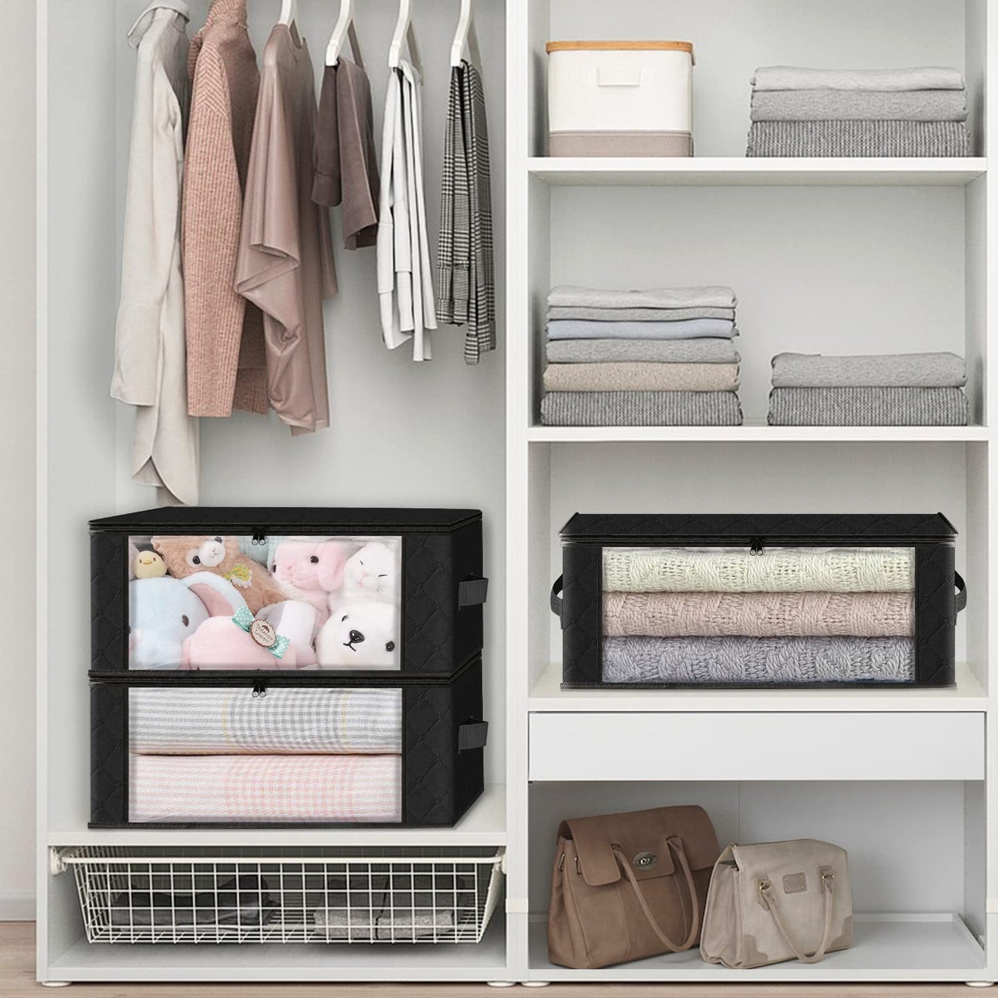 HomeHacks Storage 3-Pack Clothes Organizer Storage Bags Foldable Storage Box with Large Clear Window Sturdy Handles for Closet, Dorm, Pillows, Bedding, Clothes, Blankets, 35L, Gray