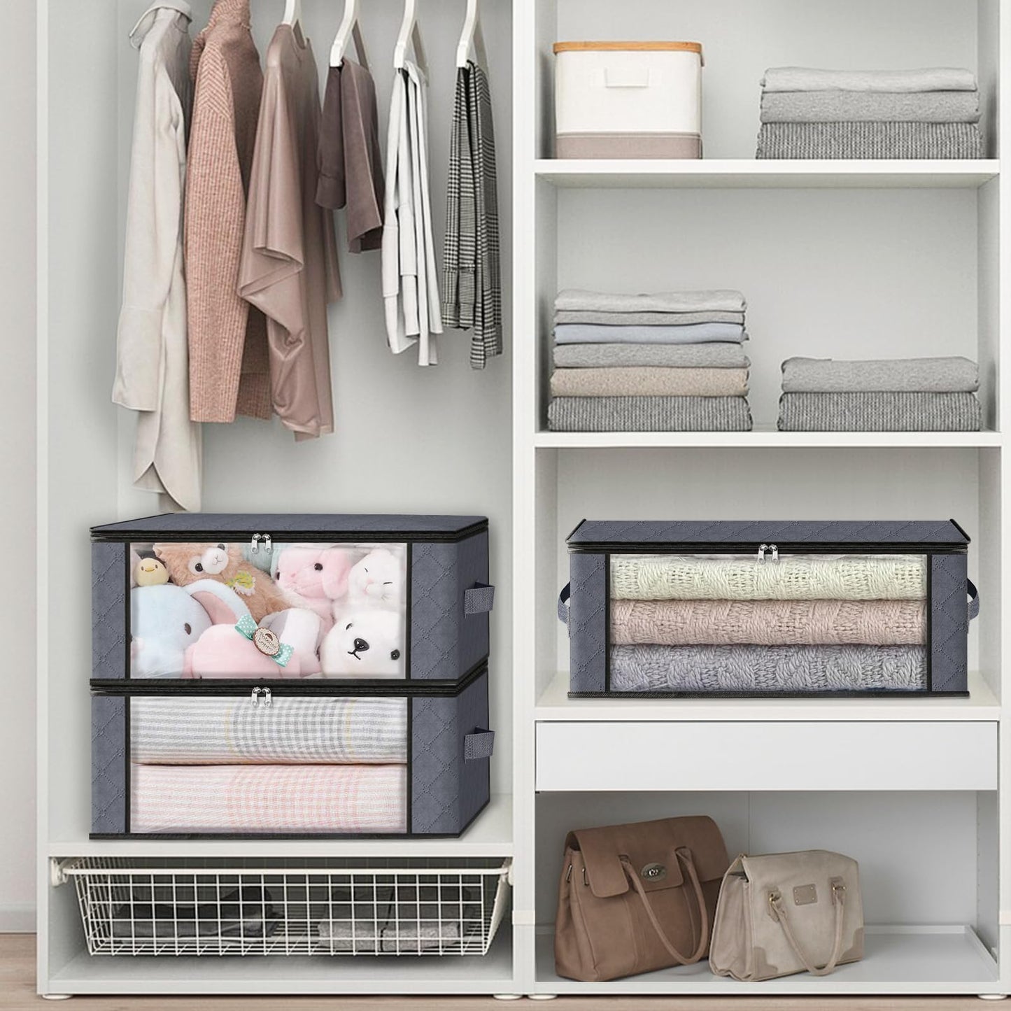 HomeHacks Storage 3-Pack Clothes Organizer Storage Bags Foldable Storage Box with Large Clear Window Sturdy Handles for Closet, Dorm, Pillows, Bedding, Clothes, Blankets, 35L, Gray