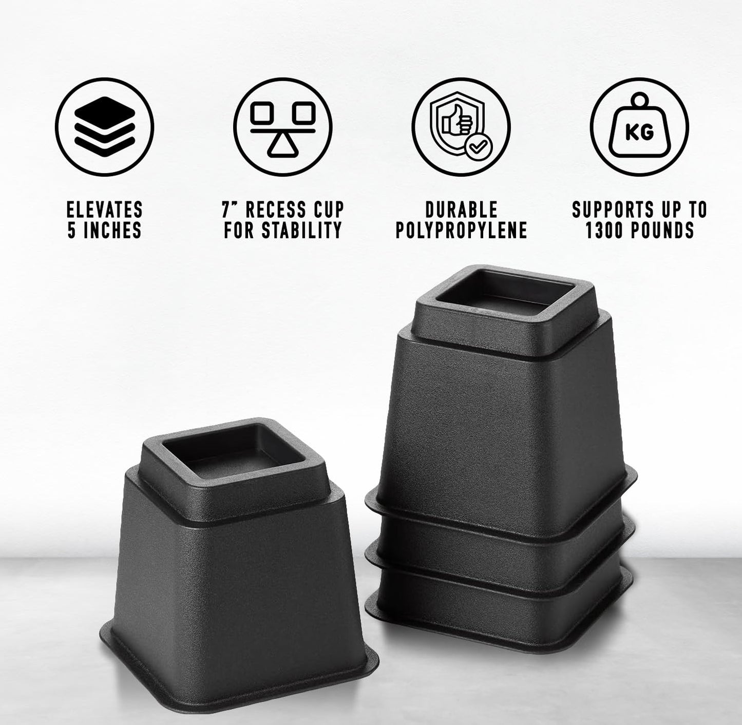 HOLDN’ STORAGE Adjustable Bed Risers and Furniture Risers-Stackable Bed Lift 3, 5, or 8 Inch-Set of 4 Bed Risers-Heavy Duty-Perfect for College Dorms- Supports up to 1,300 lbs–Fits Legs up to 2.75” W