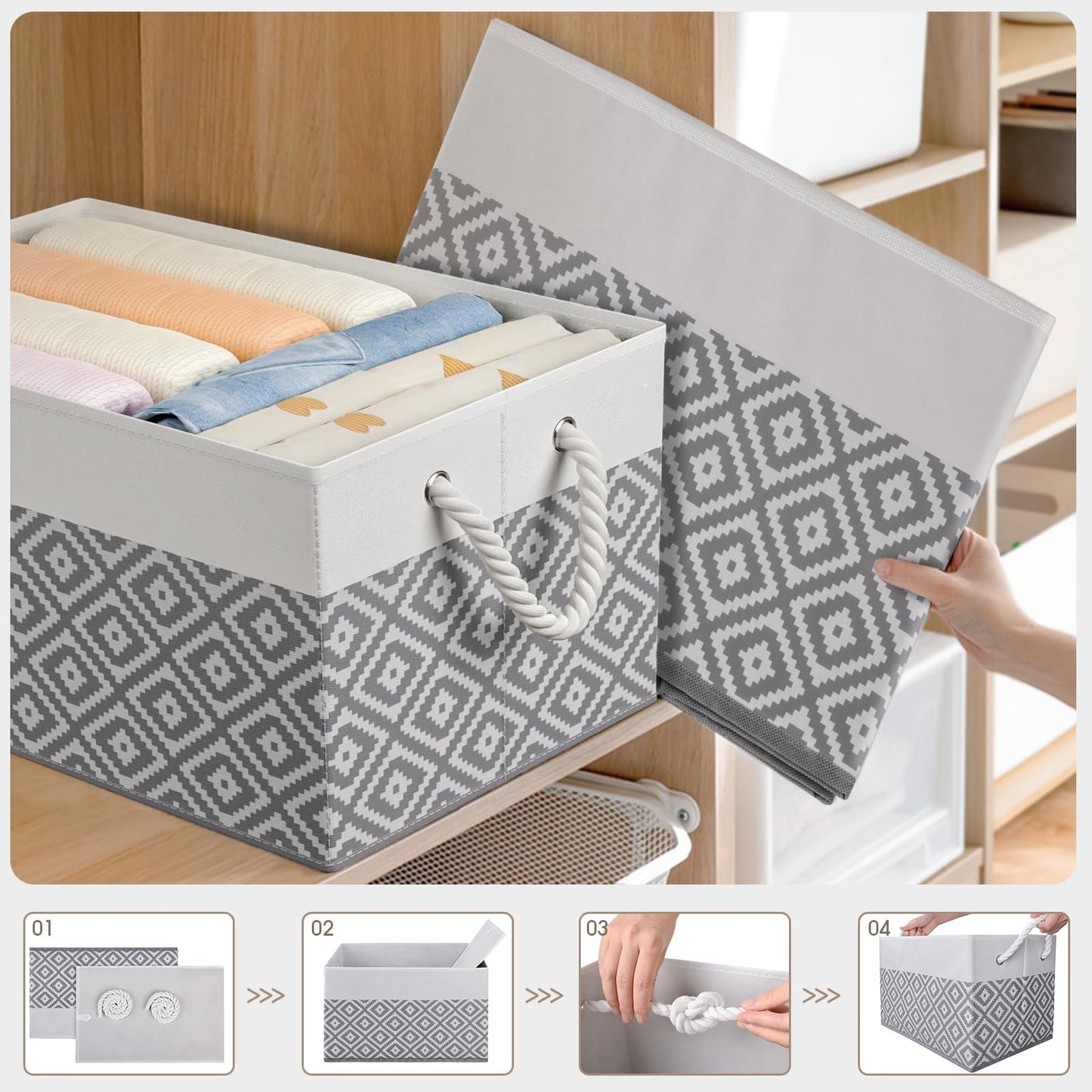 Storage Bin,Collapsible Storage Basket For Organizing,Large Storage Boxes With Rope Handles,Storage Containers,Gradient Grey,3 Pack