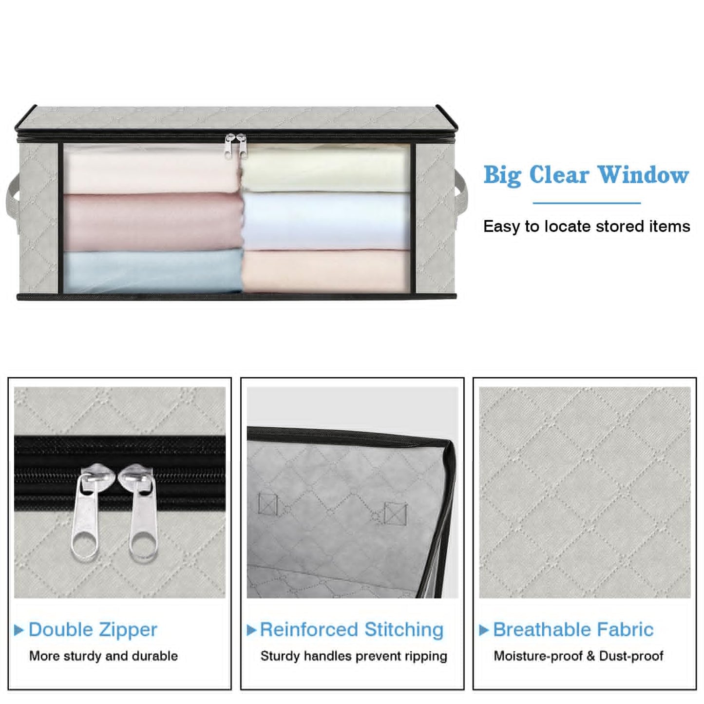 HomeHacks Storage 3-Pack Clothes Organizer Storage Bags Foldable Storage Box with Large Clear Window Sturdy Handles for Closet, Dorm, Pillows, Bedding, Clothes, Blankets, 35L, Gray