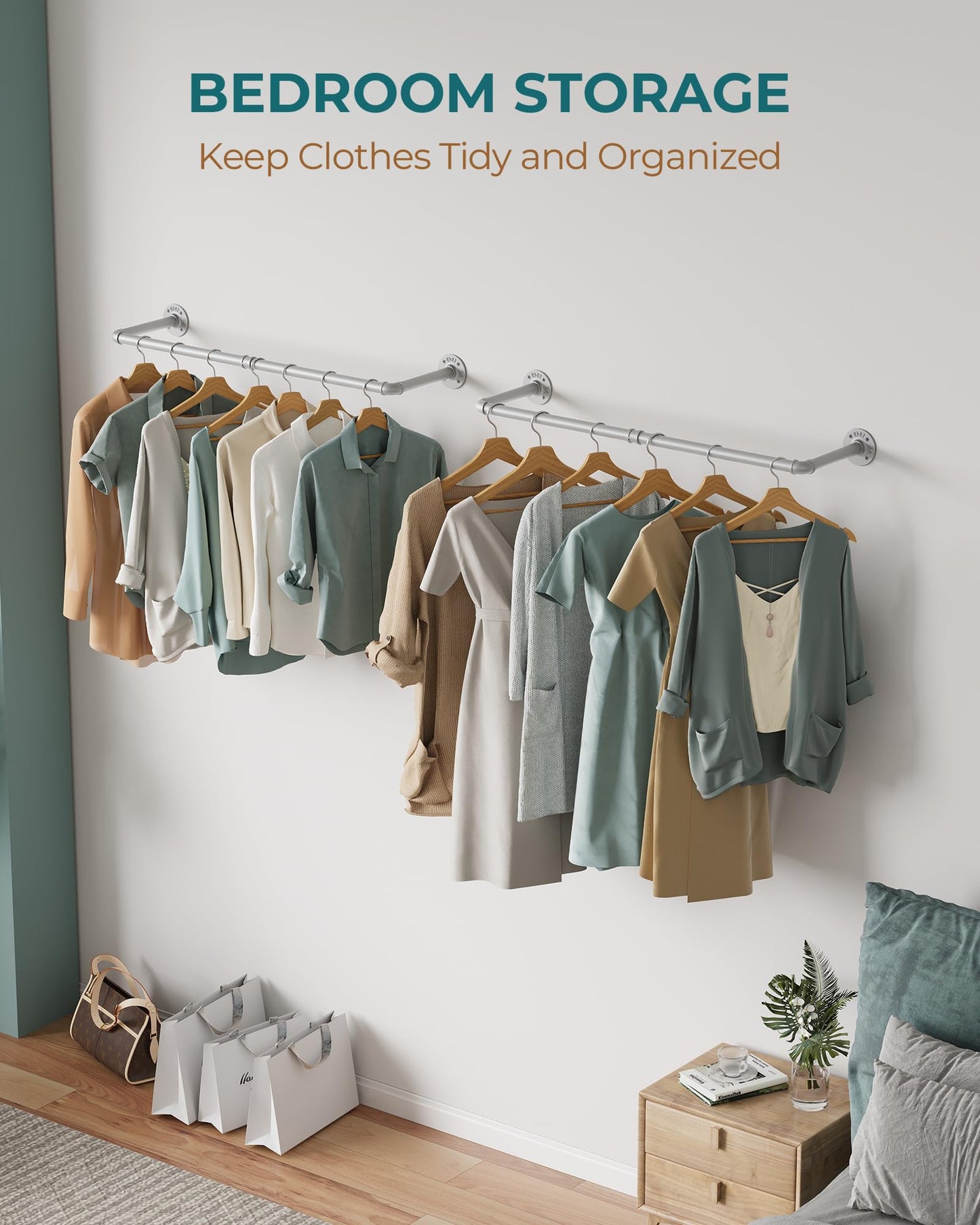 OROPY Industrial Pipe Clothes Rack Wall Mounted Set of 2, 38.4 inches Heavy Duty Iron Pipe Clothing Garment Rail, Multi-Purpose Clothing Hanging Rod for Laundry Room and Closet Storage