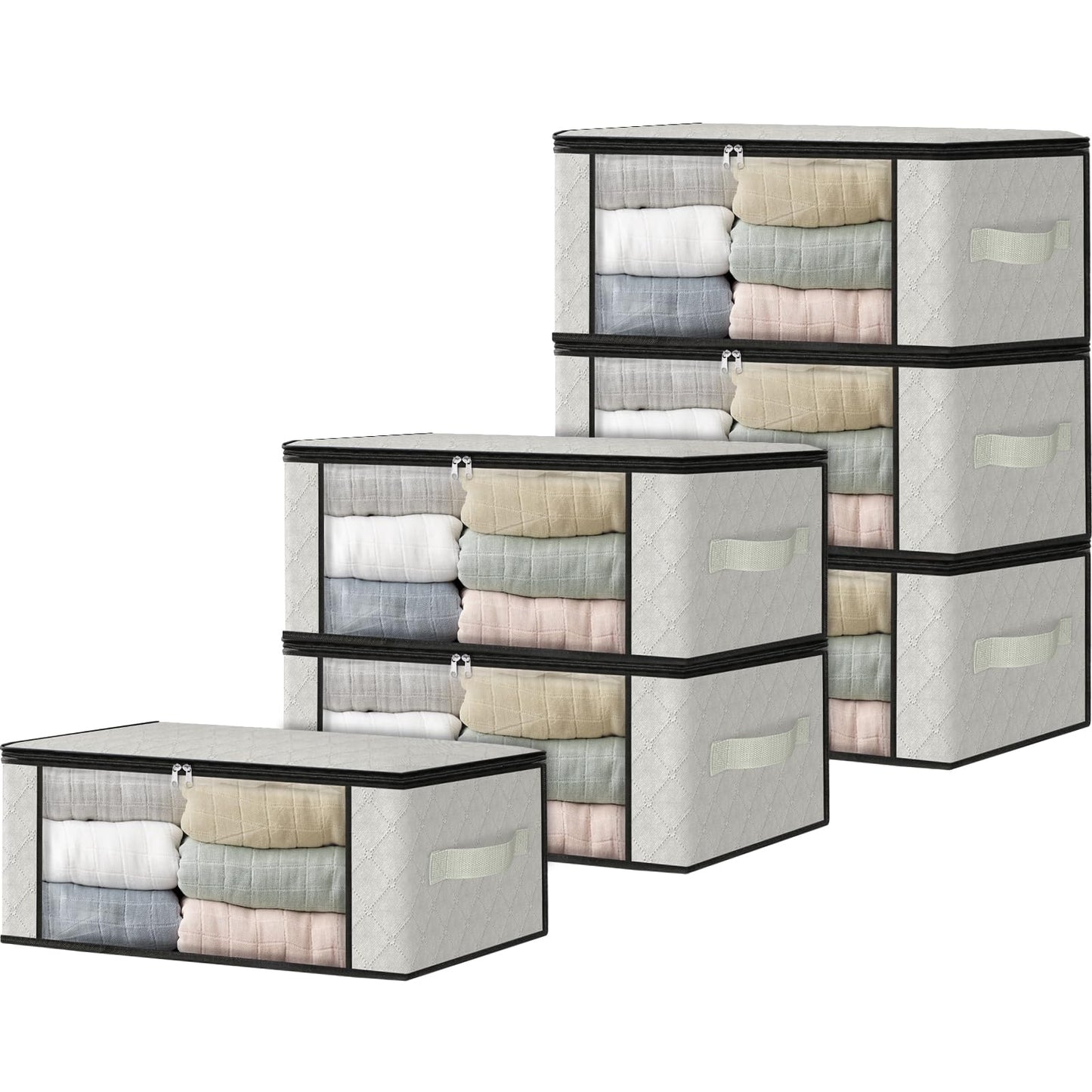 HomeHacks Storage 3-Pack Clothes Organizer Storage Bags Foldable Storage Box with Large Clear Window Sturdy Handles for Closet, Dorm, Pillows, Bedding, Clothes, Blankets, 35L, Gray