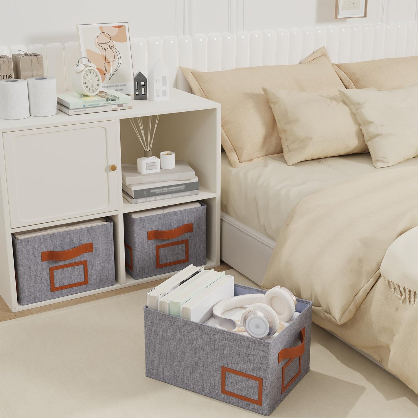 OUTBROS Foldable Storage Box for Shelves, 15 x 10.2 x 7.9 inch Fabric Baskets, Wardrobe Organiser with Handles, Suitable for Storing Clothes, Books, Cosmetics (Gray, 3-Pack)