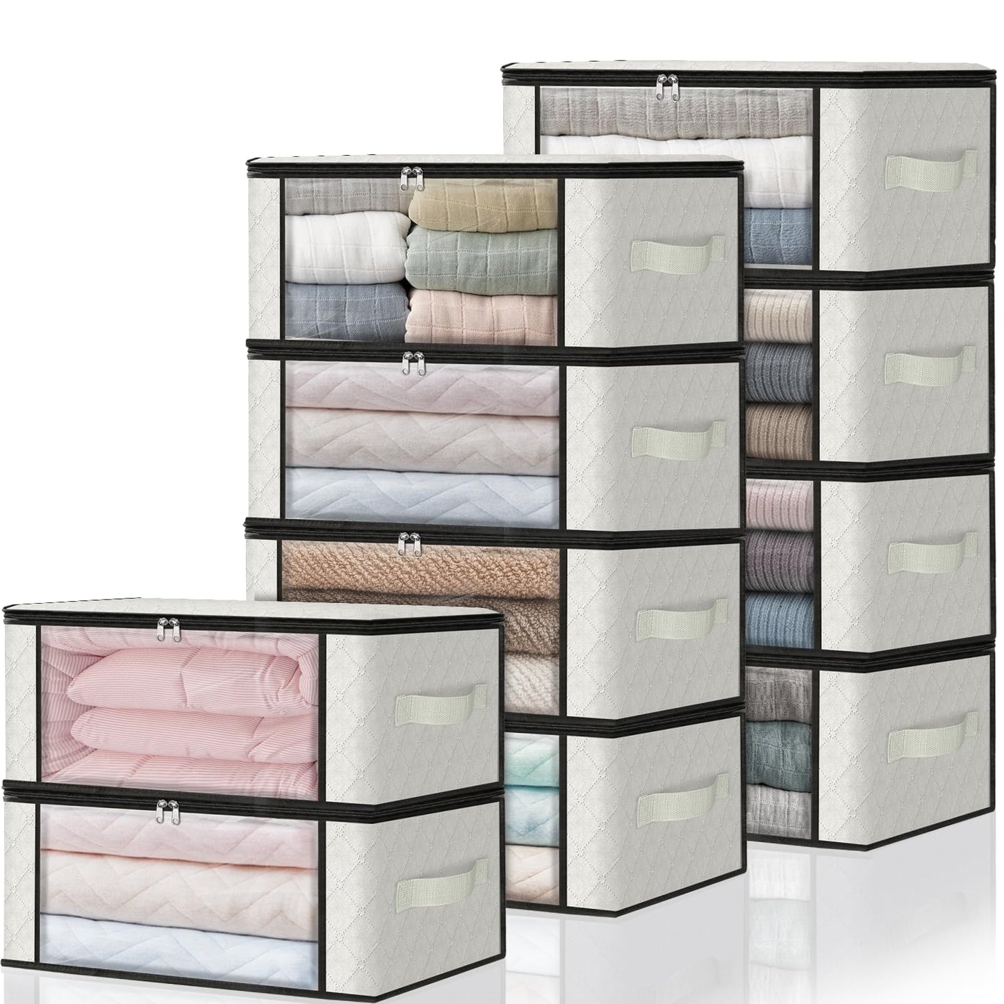 HomeHacks Storage 3-Pack Clothes Organizer Storage Bags Foldable Storage Box with Large Clear Window Sturdy Handles for Closet, Dorm, Pillows, Bedding, Clothes, Blankets, 35L, Gray