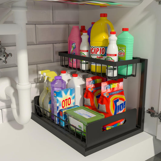 REALINN Under Sink Organizer, Pull Out Cabinet Organizer Slide Out Sink Shelf Cabinet Storage Shelves, Storages for Kitchen Bathroom, Black, 2 Pack