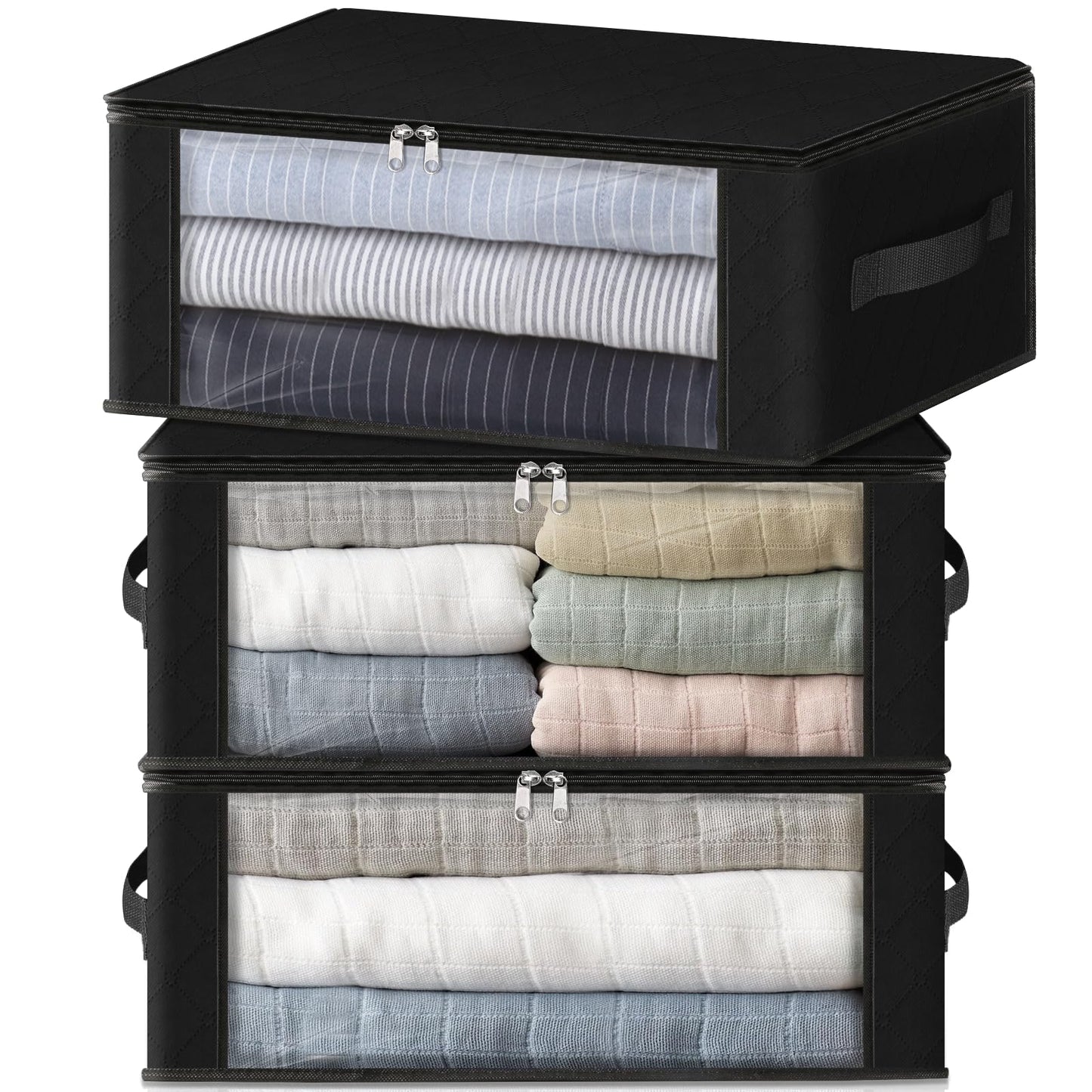 HomeHacks Storage 3-Pack Clothes Organizer Storage Bags Foldable Storage Box with Large Clear Window Sturdy Handles for Closet, Dorm, Pillows, Bedding, Clothes, Blankets, 35L, Gray