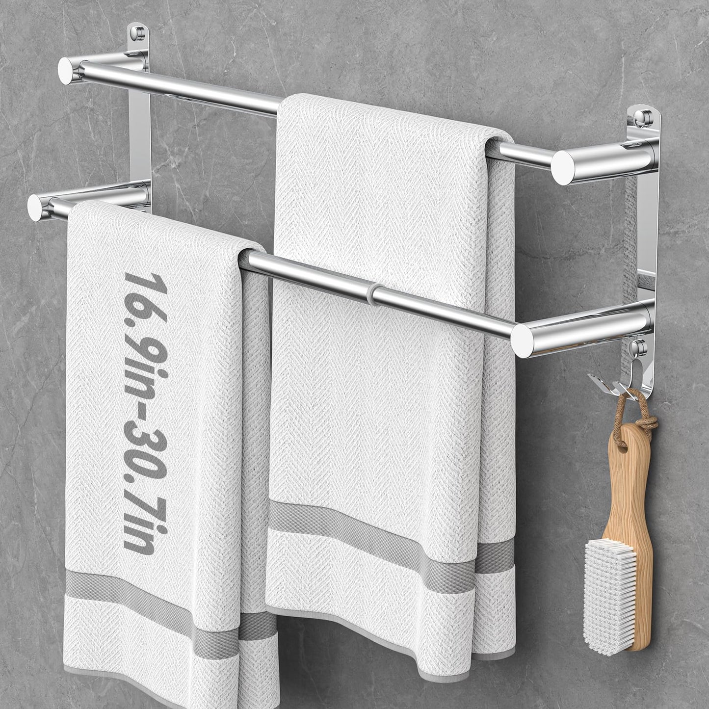 Adjustable Towel Bar for Bathroom Wall Mount17-30.7inch Adhesive Shower Towel Rack Stainless Steel Bath Towel Holders for Toilet Kitchen Double Towel Hanger (Double Towel Rack)