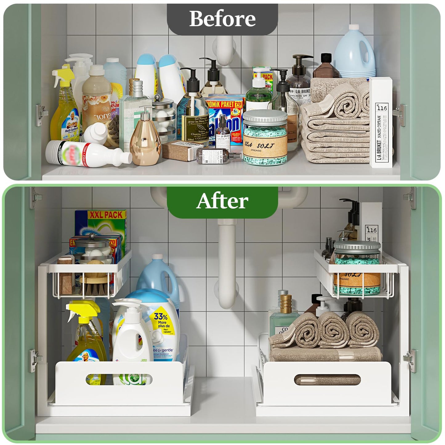 REALINN Under Sink Organizer, Pull Out Cabinet Organizer Slide Out Sink Shelf Cabinet Storage Shelves, Storages for Kitchen Bathroom, Black, 2 Pack