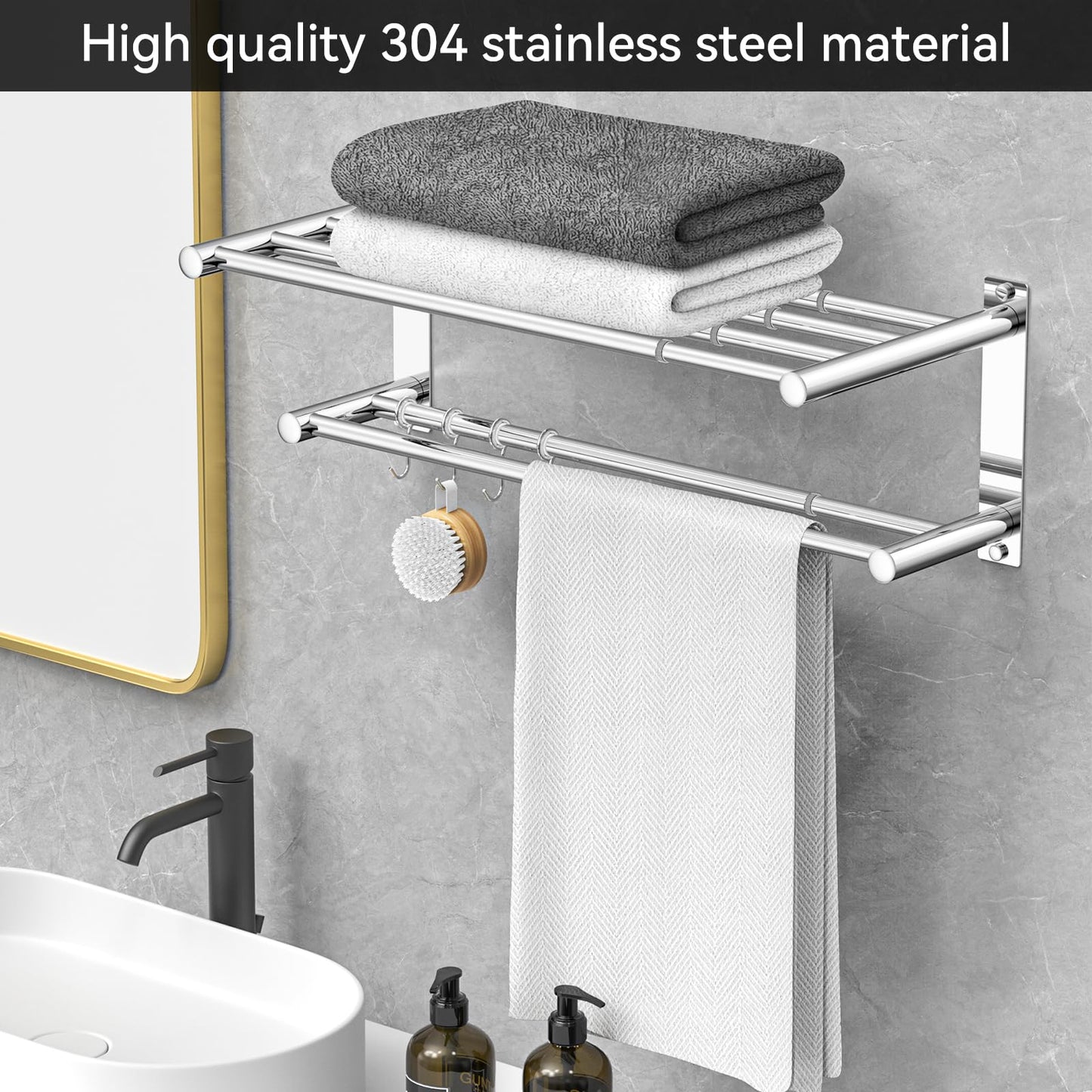 Adjustable Towel Bar for Bathroom Wall Mount17-30.7inch Adhesive Shower Towel Rack Stainless Steel Bath Towel Holders for Toilet Kitchen Double Towel Hanger (Double Towel Rack)