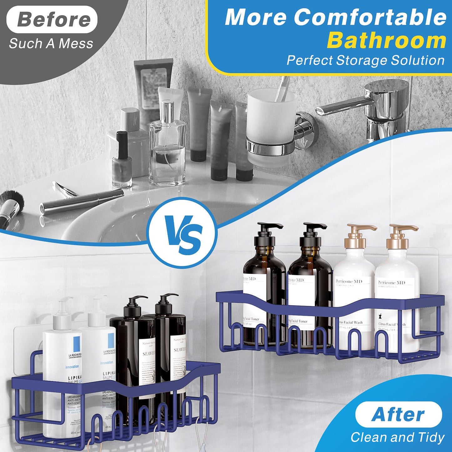 EUDELE Adhesive Shower Caddy, 5 Pack Rustproof Stainless Steel Bath Organizers With Large Capacity, No Drilling Shelves for Bathroom Storage & Home Decor