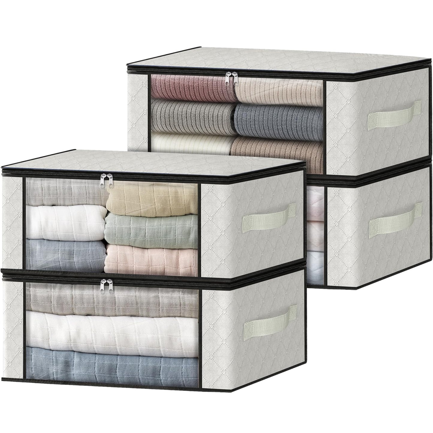 HomeHacks Storage 3-Pack Clothes Organizer Storage Bags Foldable Storage Box with Large Clear Window Sturdy Handles for Closet, Dorm, Pillows, Bedding, Clothes, Blankets, 35L, Gray