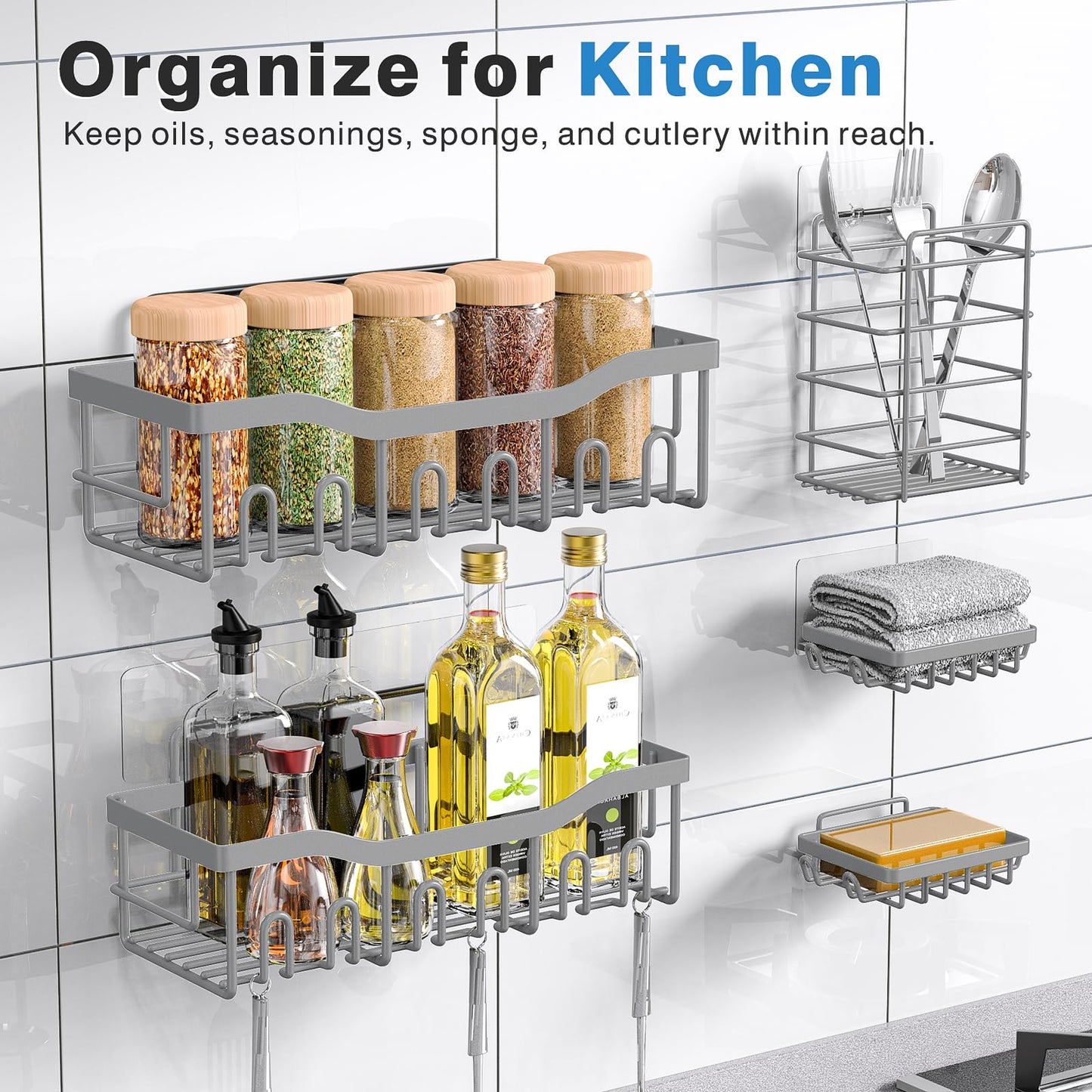 EUDELE Adhesive Shower Caddy, 5 Pack Rustproof Stainless Steel Bath Organizers With Large Capacity, No Drilling Shelves for Bathroom Storage & Home Decor