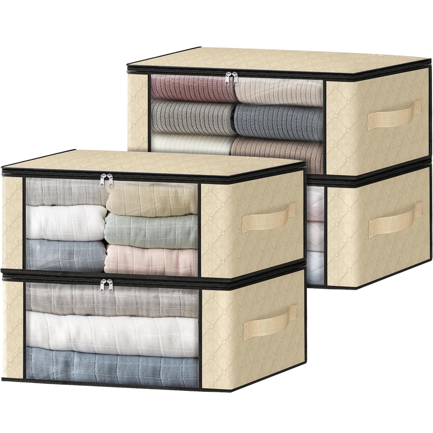 HomeHacks Storage 3-Pack Clothes Organizer Storage Bags Foldable Storage Box with Large Clear Window Sturdy Handles for Closet, Dorm, Pillows, Bedding, Clothes, Blankets, 35L, Gray