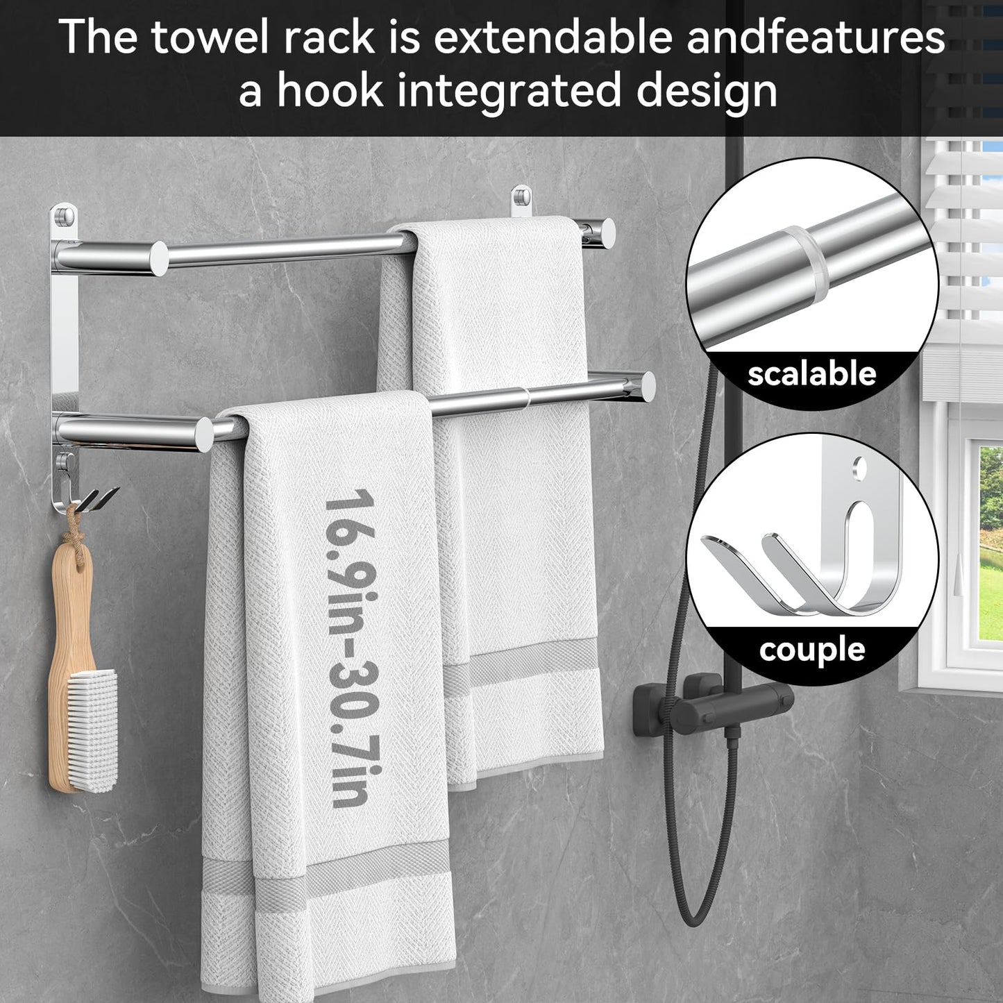 Adjustable Towel Bar for Bathroom Wall Mount17-30.7inch Adhesive Shower Towel Rack Stainless Steel Bath Towel Holders for Toilet Kitchen Double Towel Hanger (Double Towel Rack)