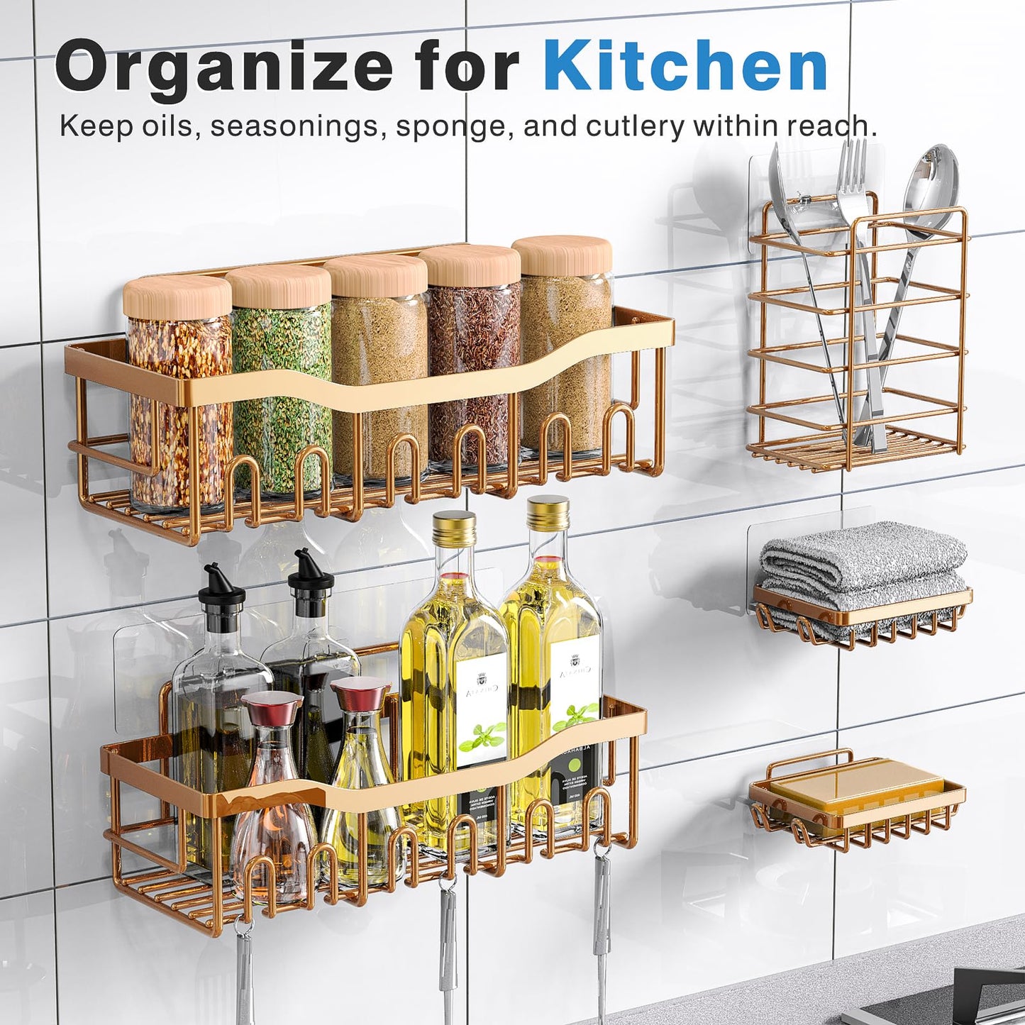 EUDELE Adhesive Shower Caddy, 5 Pack Rustproof Stainless Steel Bath Organizers With Large Capacity, No Drilling Shelves for Bathroom Storage & Home Decor