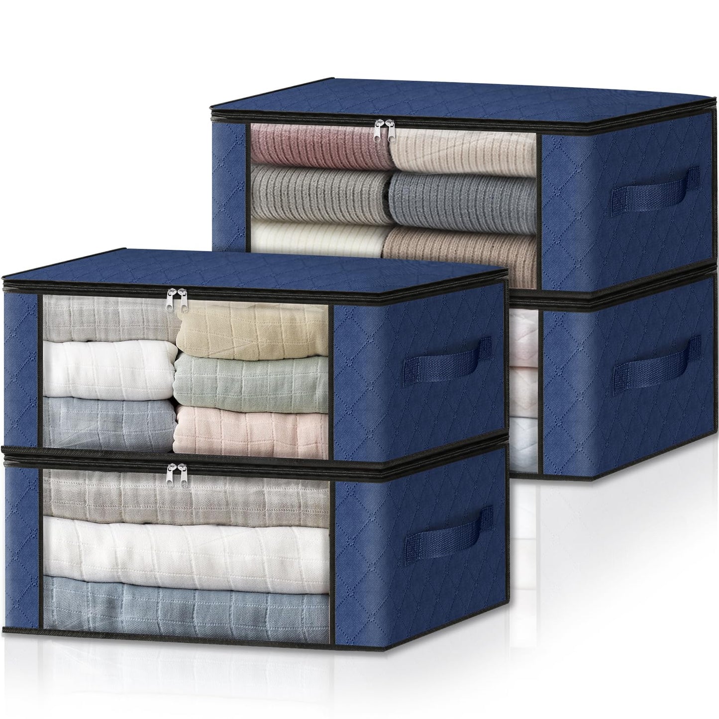 HomeHacks Storage 3-Pack Clothes Organizer Storage Bags Foldable Storage Box with Large Clear Window Sturdy Handles for Closet, Dorm, Pillows, Bedding, Clothes, Blankets, 35L, Gray