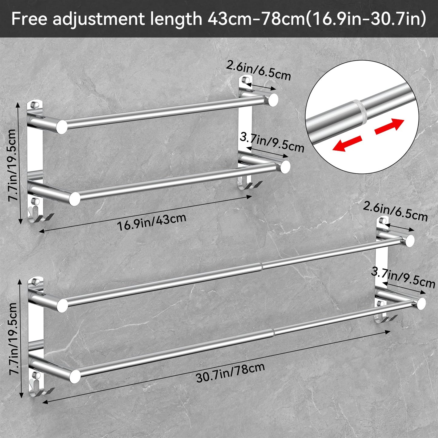 Adjustable Towel Bar for Bathroom Wall Mount17-30.7inch Adhesive Shower Towel Rack Stainless Steel Bath Towel Holders for Toilet Kitchen Double Towel Hanger (Double Towel Rack)