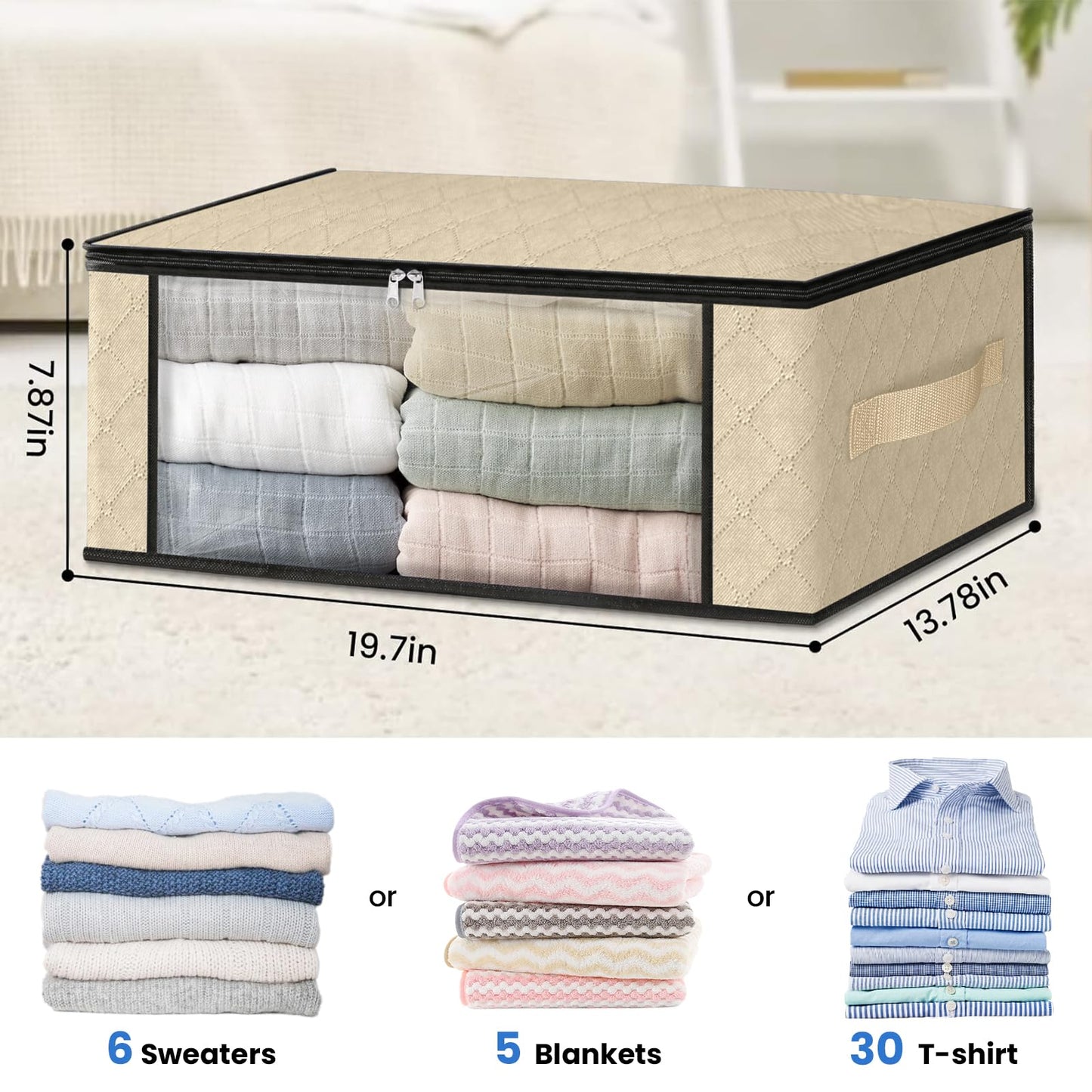 HomeHacks Storage 3-Pack Clothes Organizer Storage Bags Foldable Storage Box with Large Clear Window Sturdy Handles for Closet, Dorm, Pillows, Bedding, Clothes, Blankets, 35L, Gray