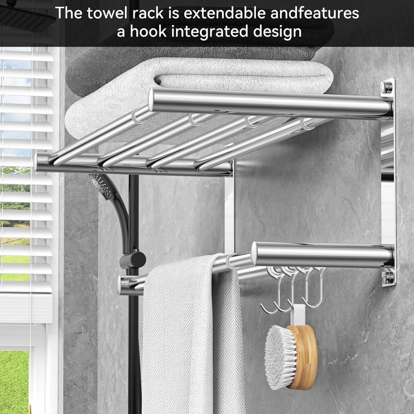 Adjustable Towel Bar for Bathroom Wall Mount17-30.7inch Adhesive Shower Towel Rack Stainless Steel Bath Towel Holders for Toilet Kitchen Double Towel Hanger (Double Towel Rack)