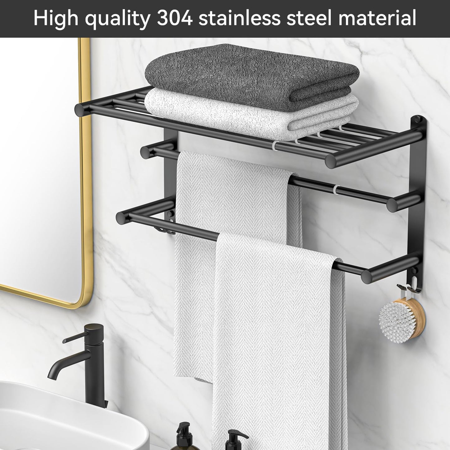 Adjustable Towel Bar for Bathroom Wall Mount17-30.7inch Adhesive Shower Towel Rack Stainless Steel Bath Towel Holders for Toilet Kitchen Double Towel Hanger (Double Towel Rack)