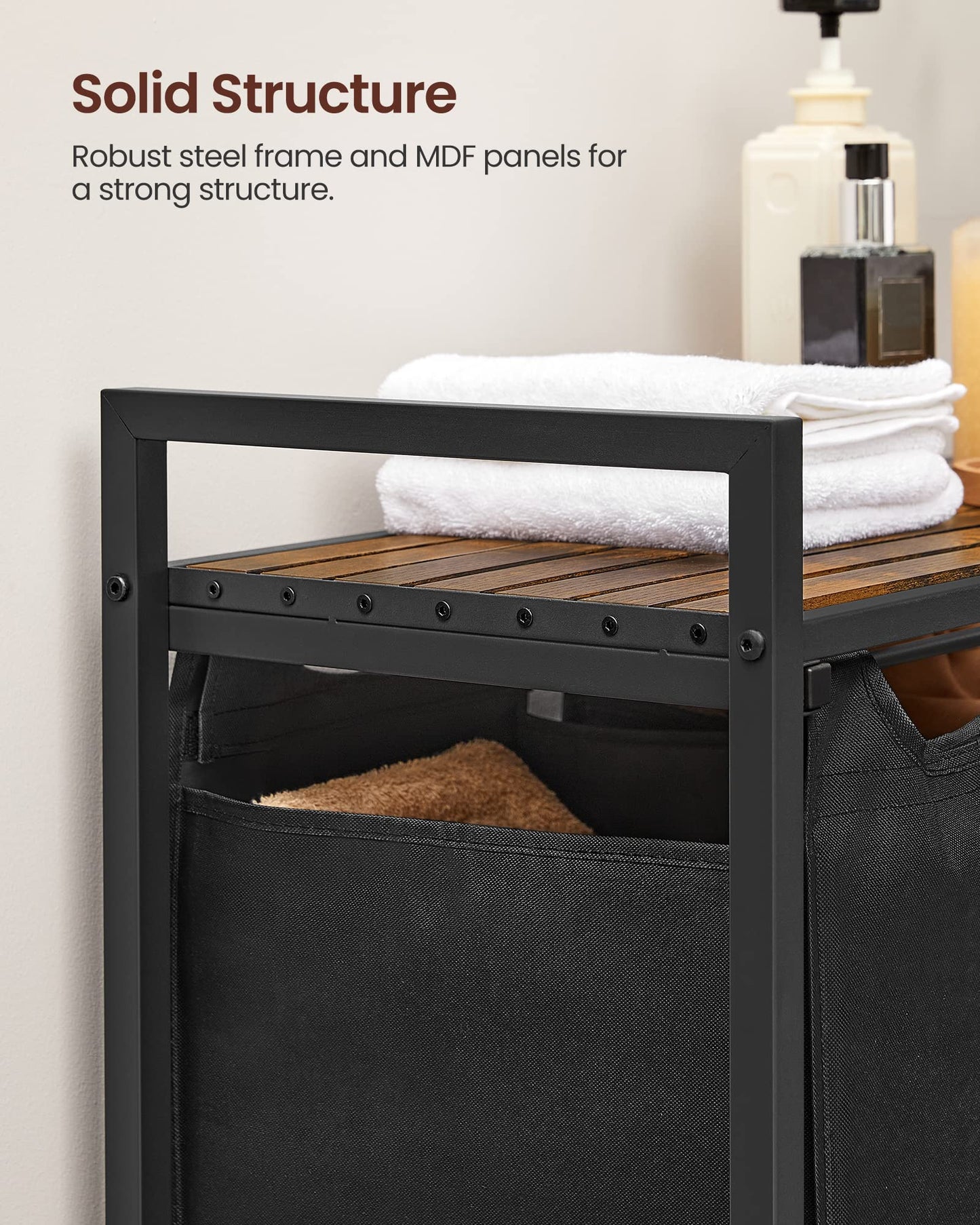 VASAGLE Laundry Hamper, Laundry Basket, Laundry Sorter with 3 Pull-Out and Removable Bags, Shelf, Metal Frame, 3 x 10 Gallons (38L), 36.4 x 13 x 28.4 Inches, Rustic Brown and Black UBLH301B01