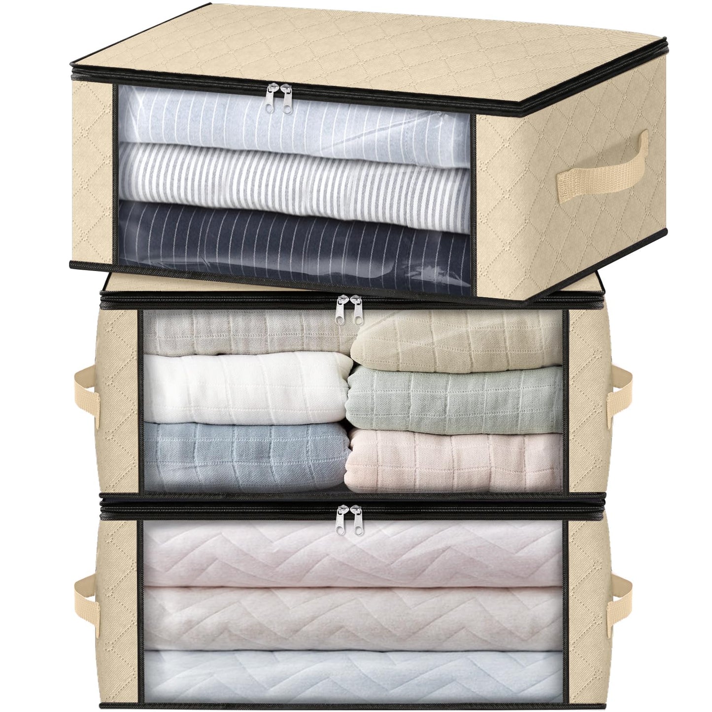 HomeHacks Storage 3-Pack Clothes Organizer Storage Bags Foldable Storage Box with Large Clear Window Sturdy Handles for Closet, Dorm, Pillows, Bedding, Clothes, Blankets, 35L, Gray