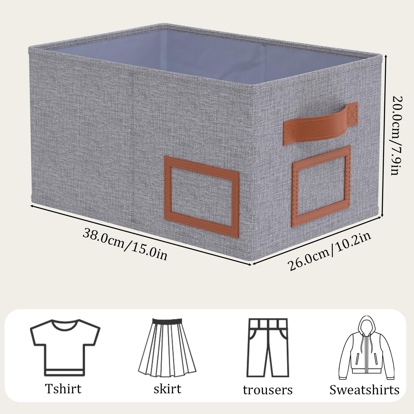 OUTBROS Foldable Storage Box for Shelves, 15 x 10.2 x 7.9 inch Fabric Baskets, Wardrobe Organiser with Handles, Suitable for Storing Clothes, Books, Cosmetics (Gray, 3-Pack)